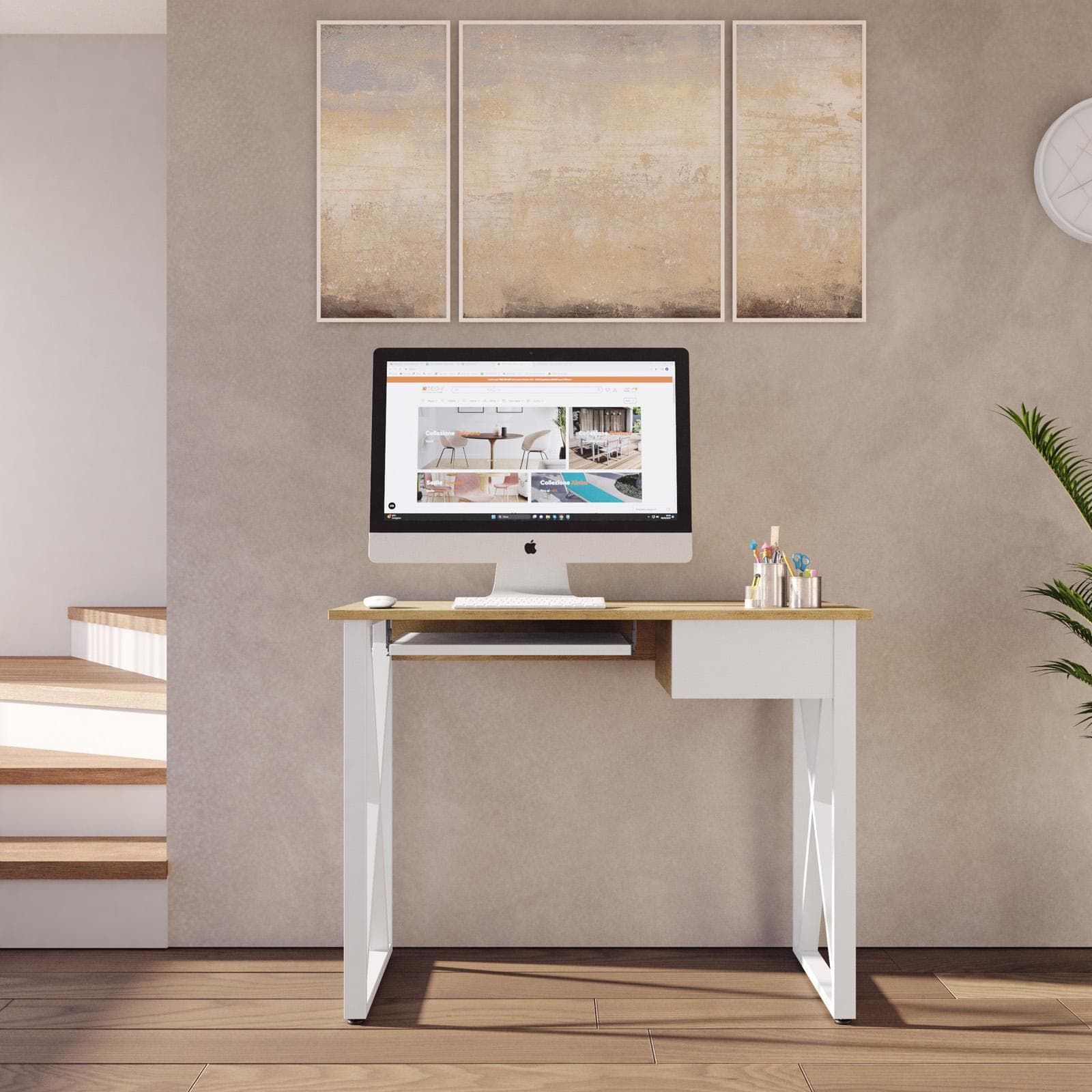 Scrivania 100x55 cm con top effetto frassino con cassetto e ripiano tastiera scorrevole - Apta
