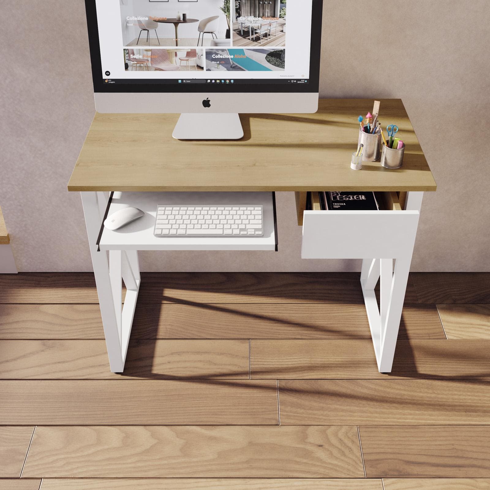 Scrivania 100x55 cm con top effetto frassino con cassetto e ripiano tastiera scorrevole - Apta