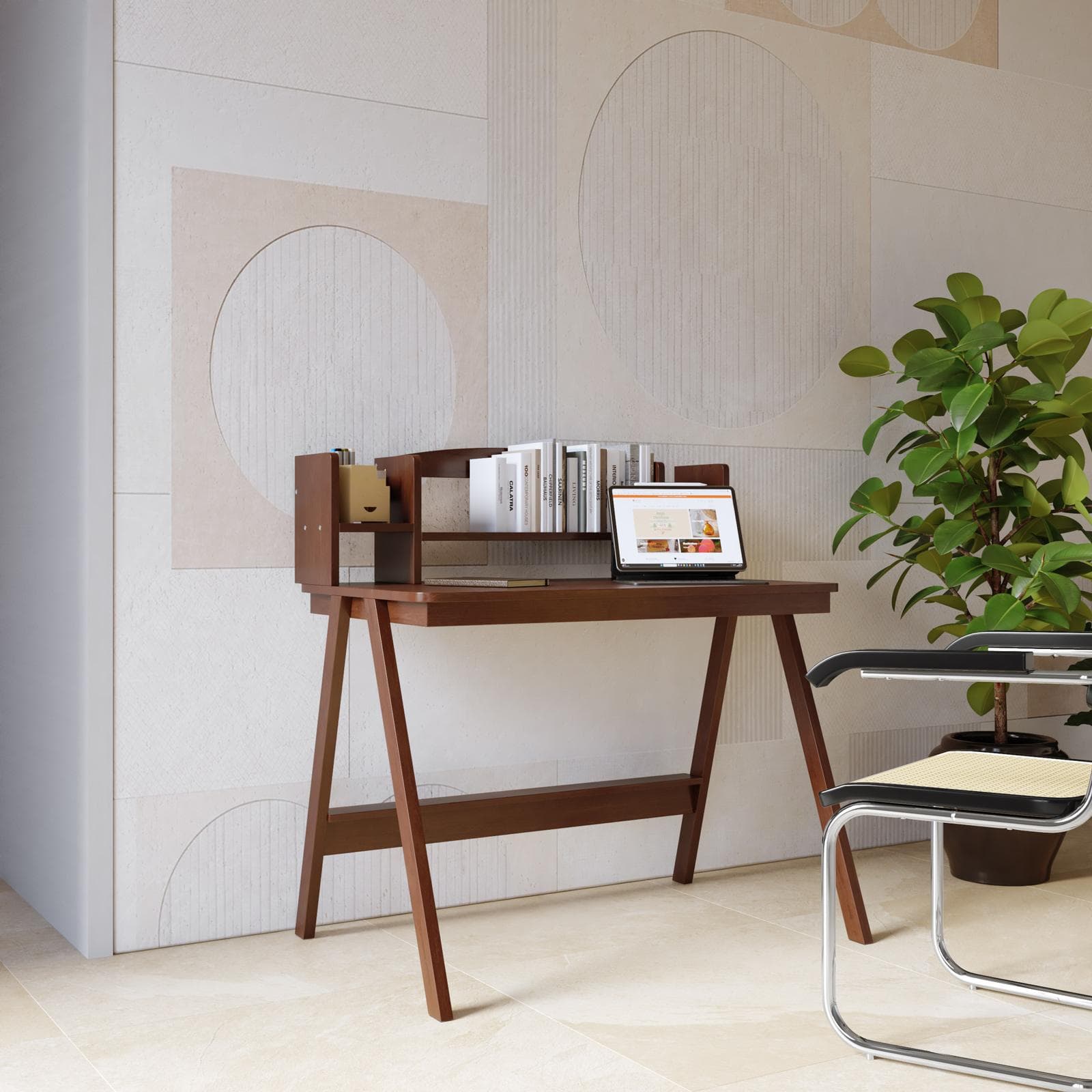 Scrivania 100x60 cm in legno noce con libreria integrata - Furwal