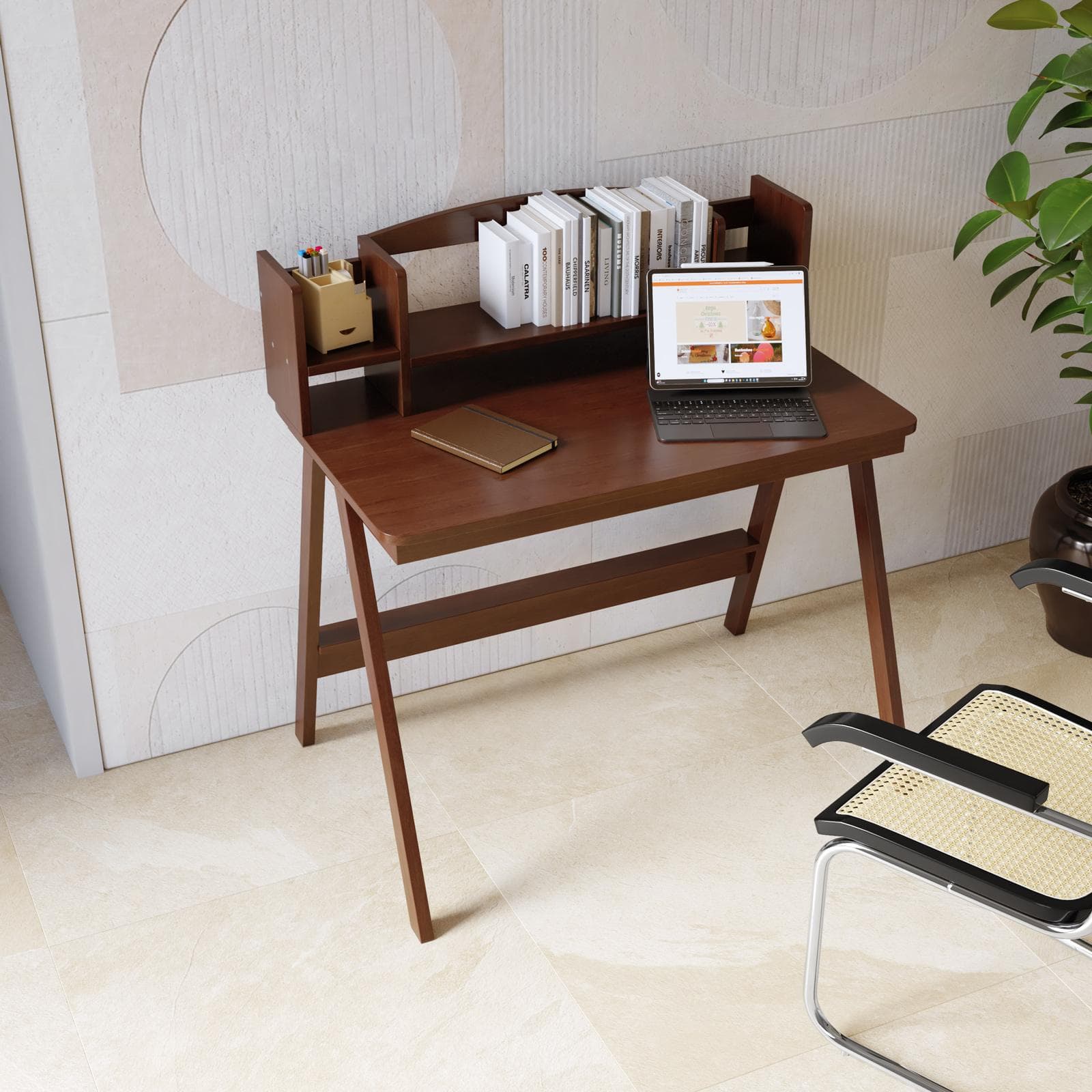 Scrivania 100x60 cm in legno noce con libreria integrata - Furwal