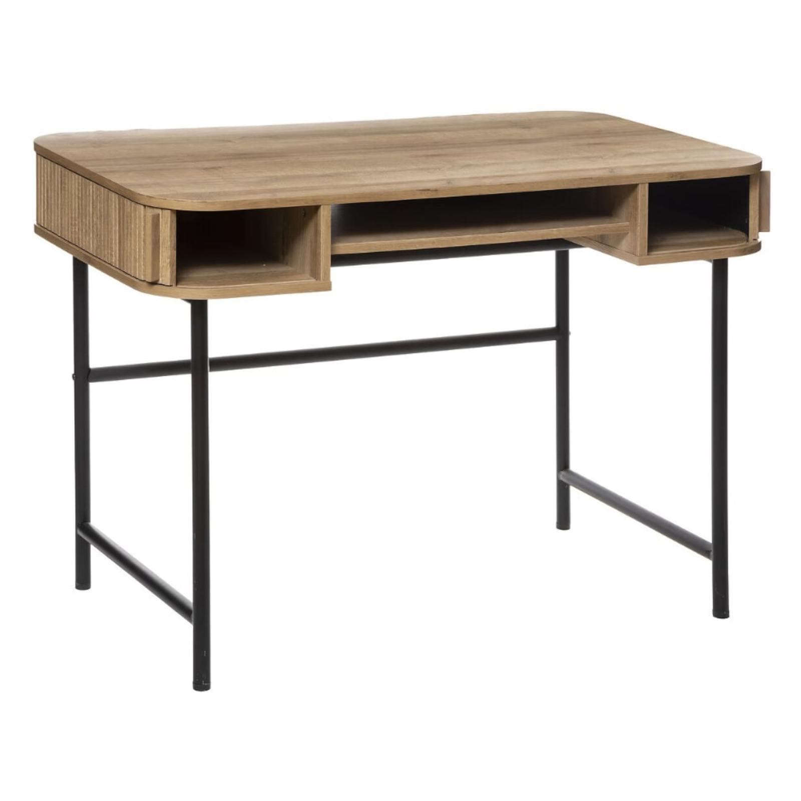 Scrivania 105x60 cm in legno cannettato e struttura in metallo nero con ante scorrevoli - Dhana