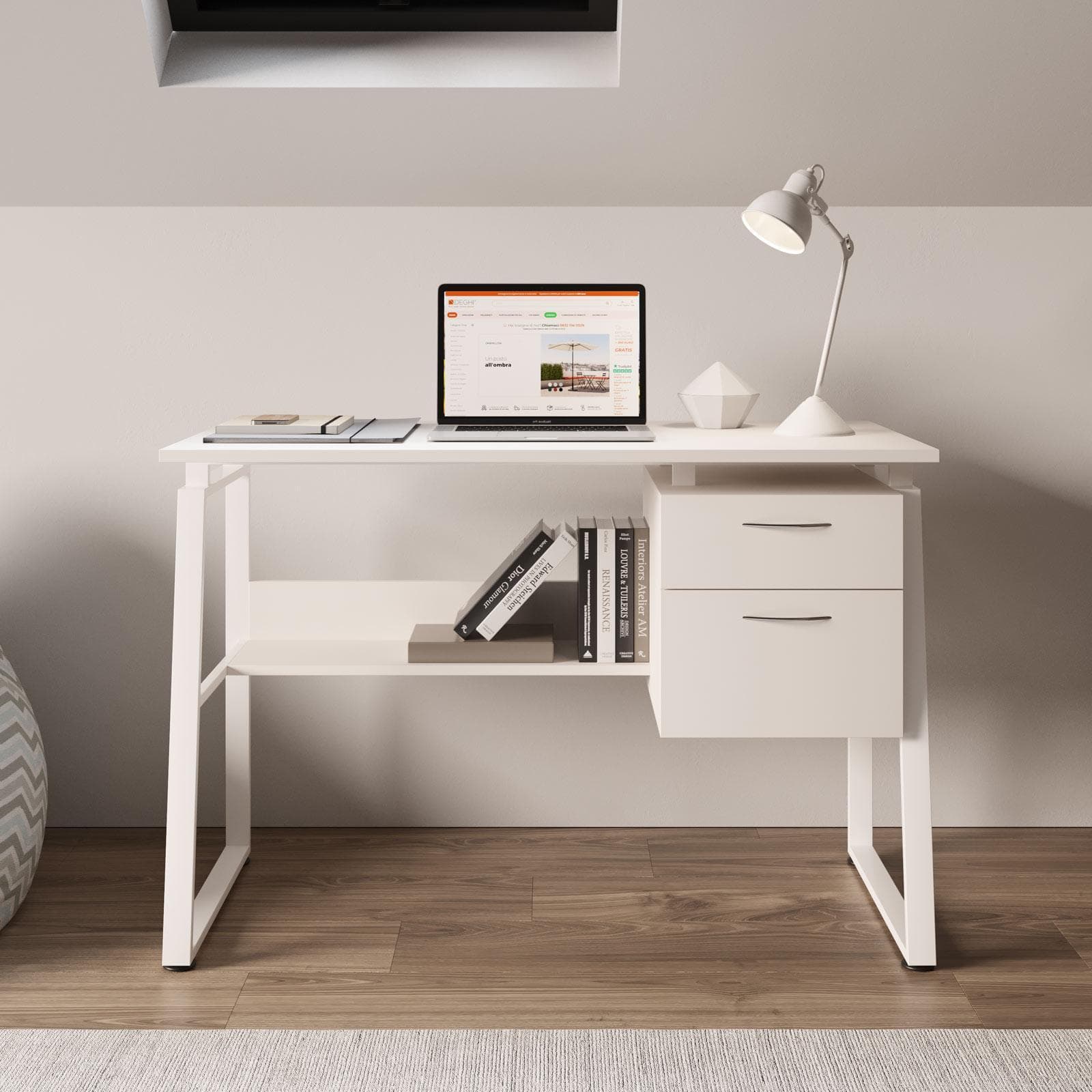 Scrivania 110x55 cm in legno e acciaio bianco con mensola e cassettiera integrata - Kerli