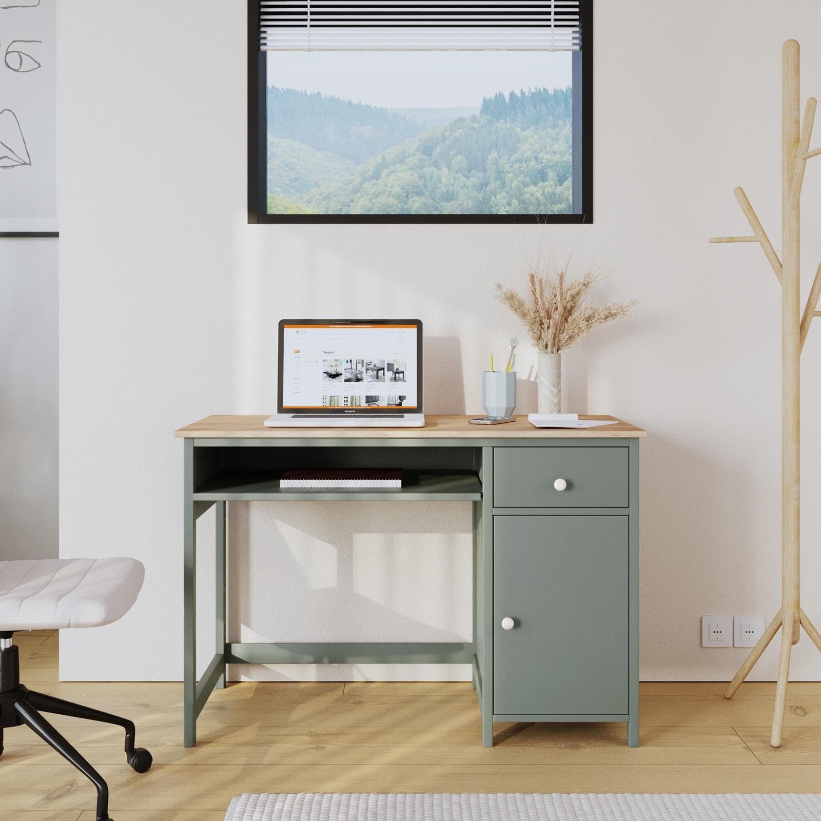 Scrivania 110x50 cm top rovere chiaro e struttura verde con mobile integrato - Vault