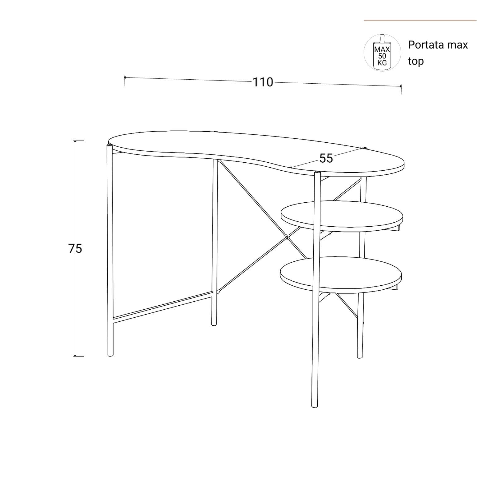 Scrivania 110x55 cm top in legno e struttura in metallo nero con ripiani laterali - Clefy