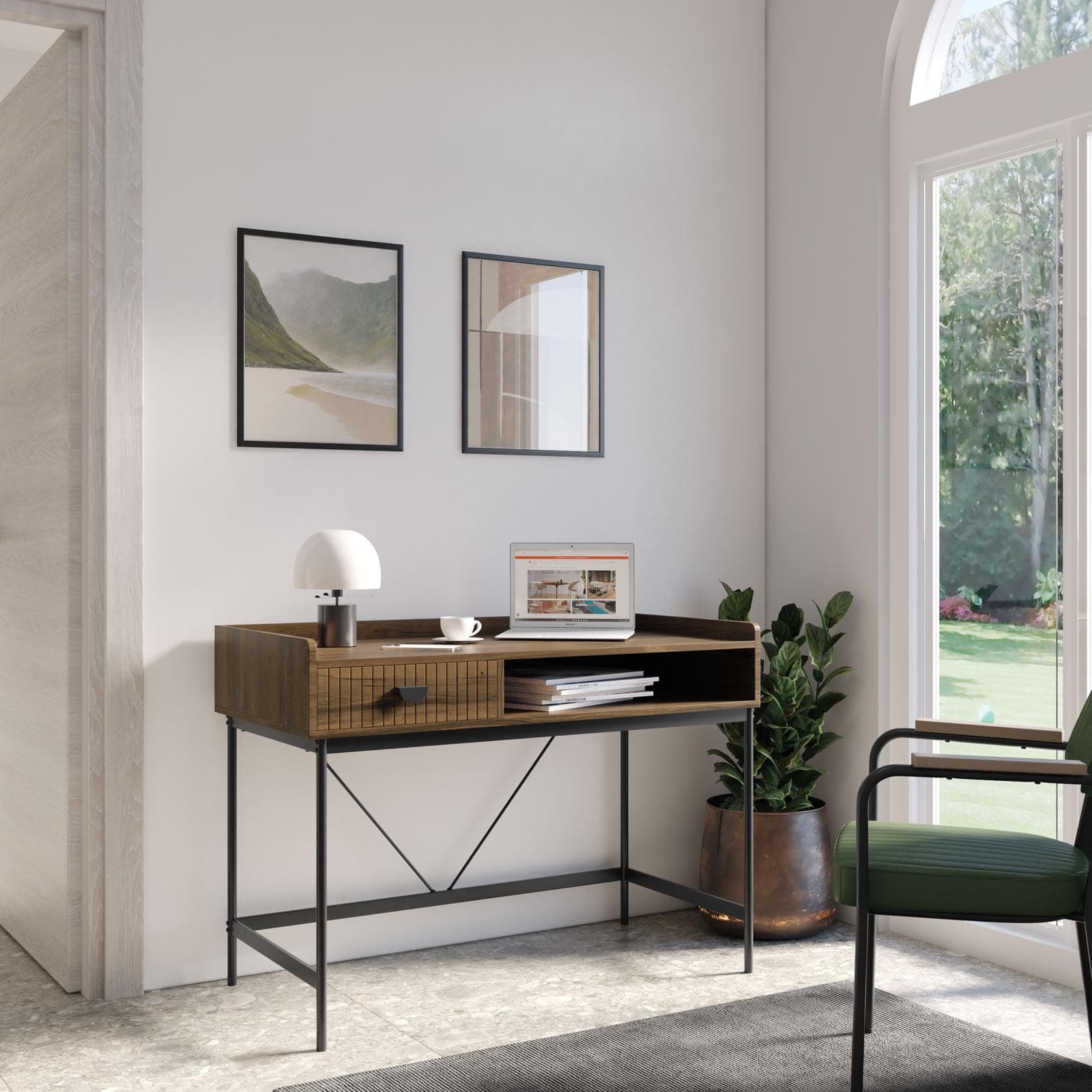 Scrivania 110x55 cm con 1 cassetto soft close noce cannettato e gambe in metallo nero - Ozma