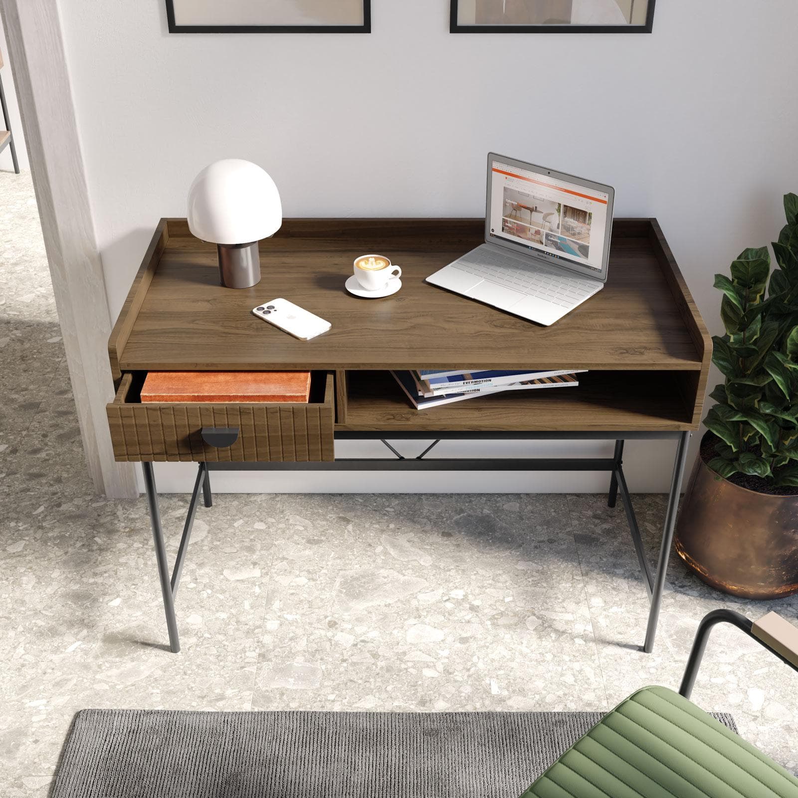 Scrivania 110x55 cm con 1 cassetto soft close noce cannettato e gambe in metallo nero - Ozma