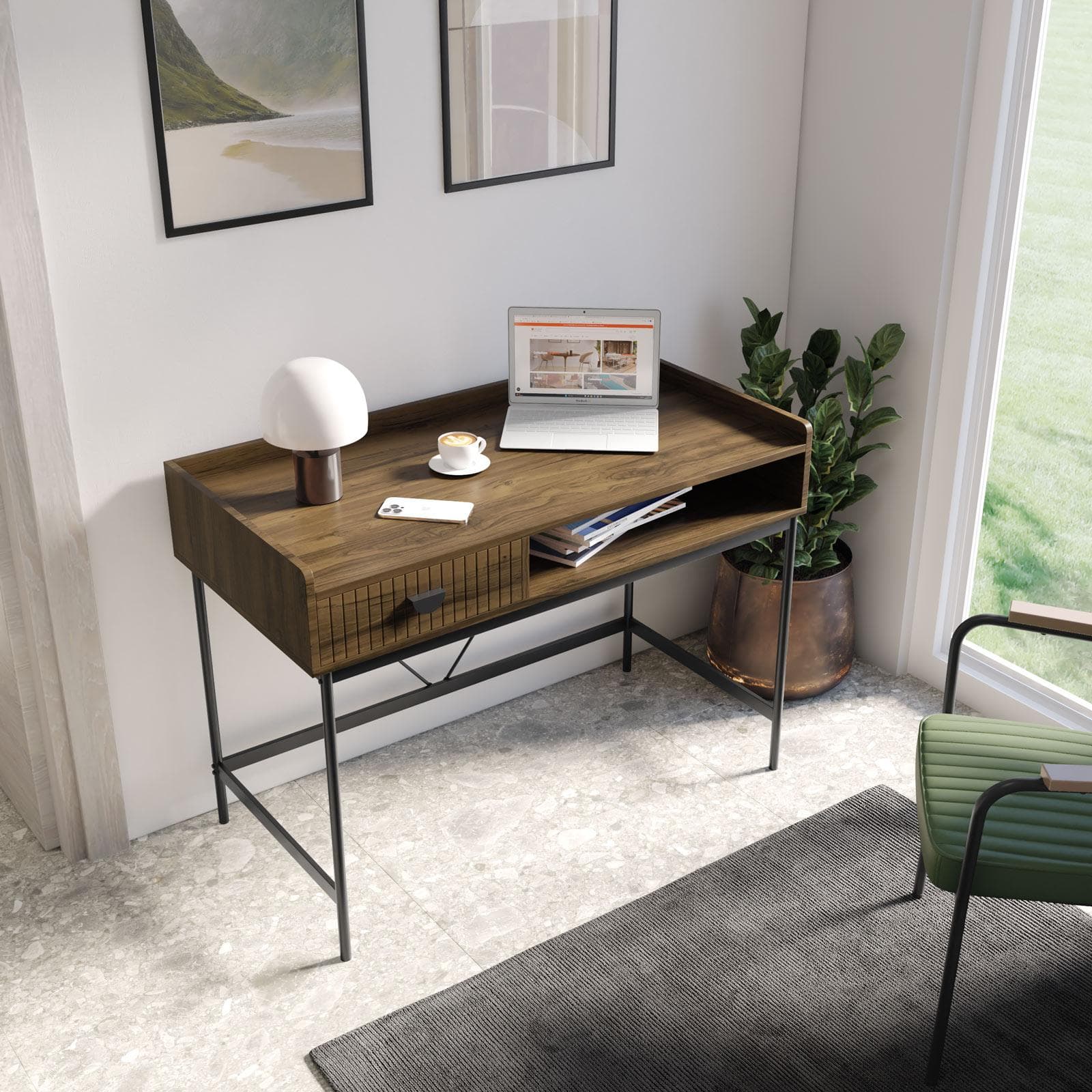 Scrivania 110x55 cm con 1 cassetto soft close noce cannettato e gambe in metallo nero - Ozma