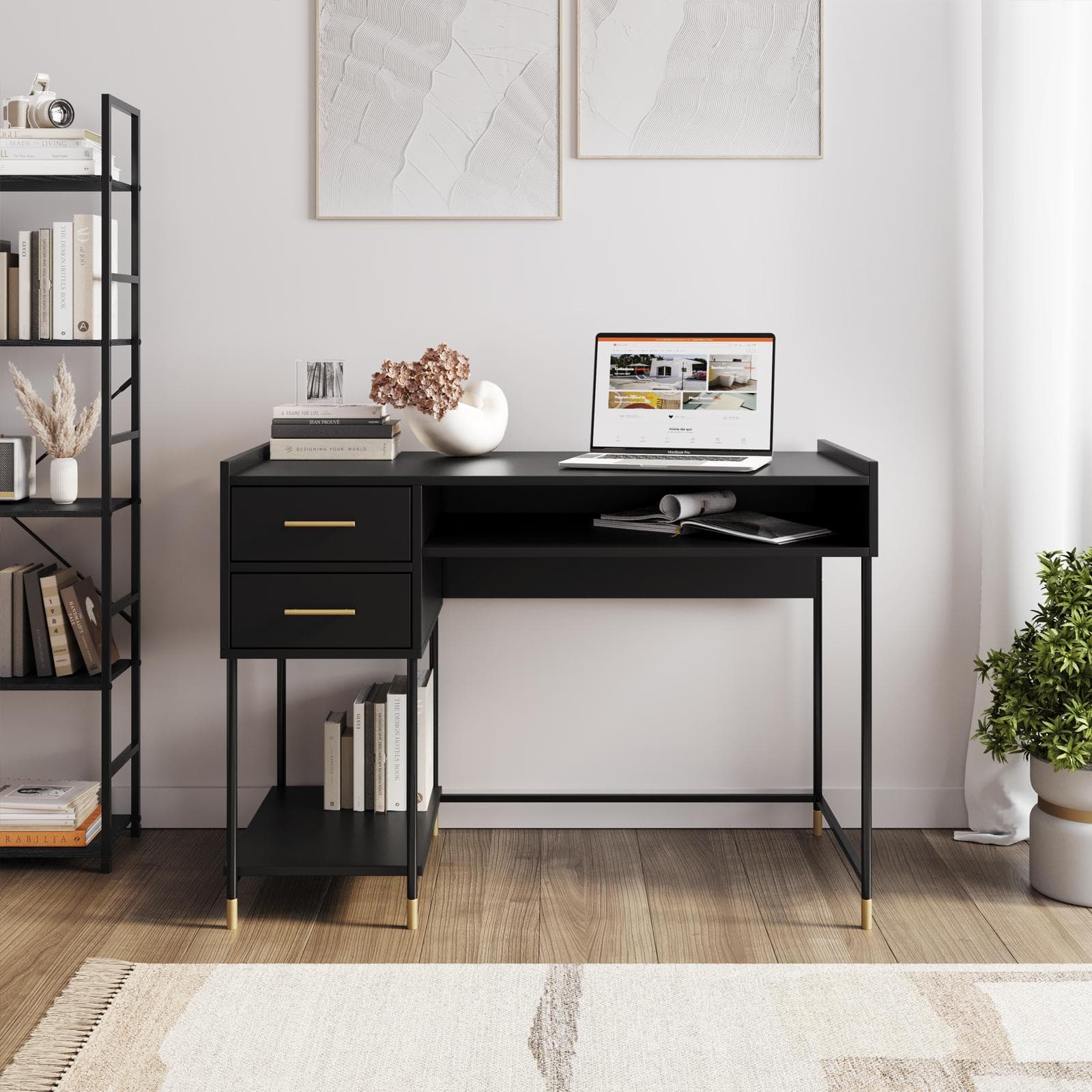 Scrivania 110x55 cm in legno nero con cassetti e inserti dorati - Tedy