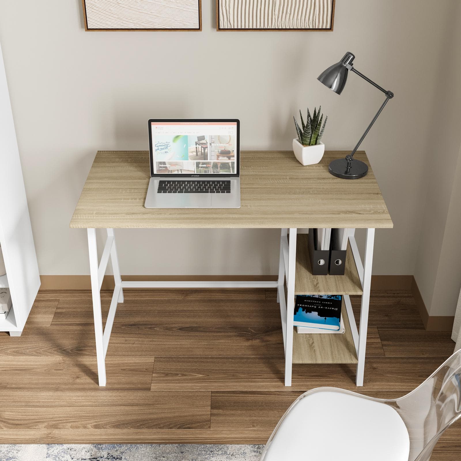 Scrivania 110x60 cm rovere e struttura in metallo bianco con ripiani - Sally