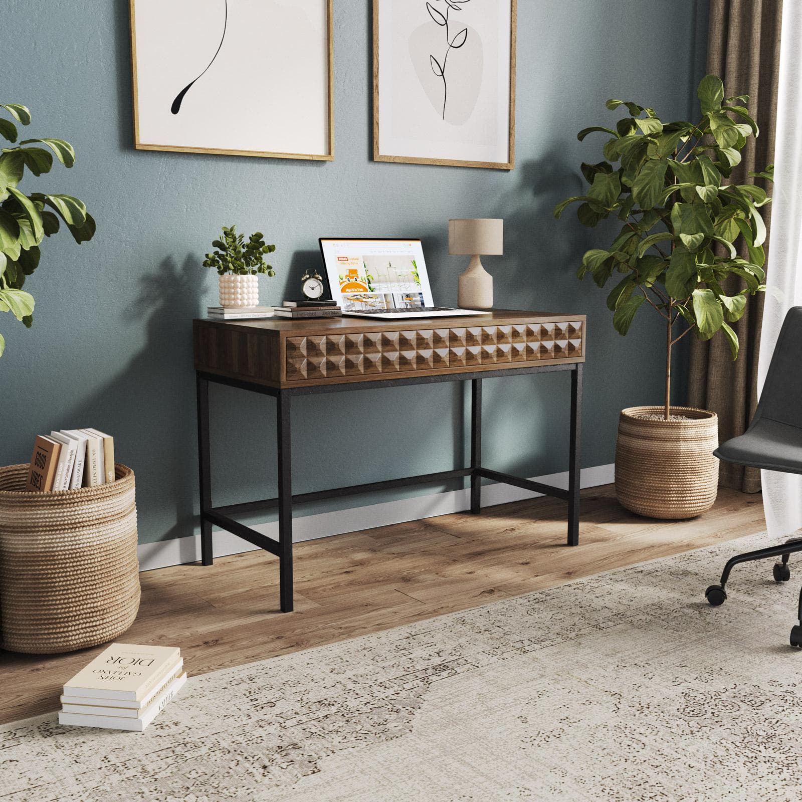 Scrivania 111x54 cm rovere scuro con 2 cassetti decorati e struttura in acciaio nero - Abuela