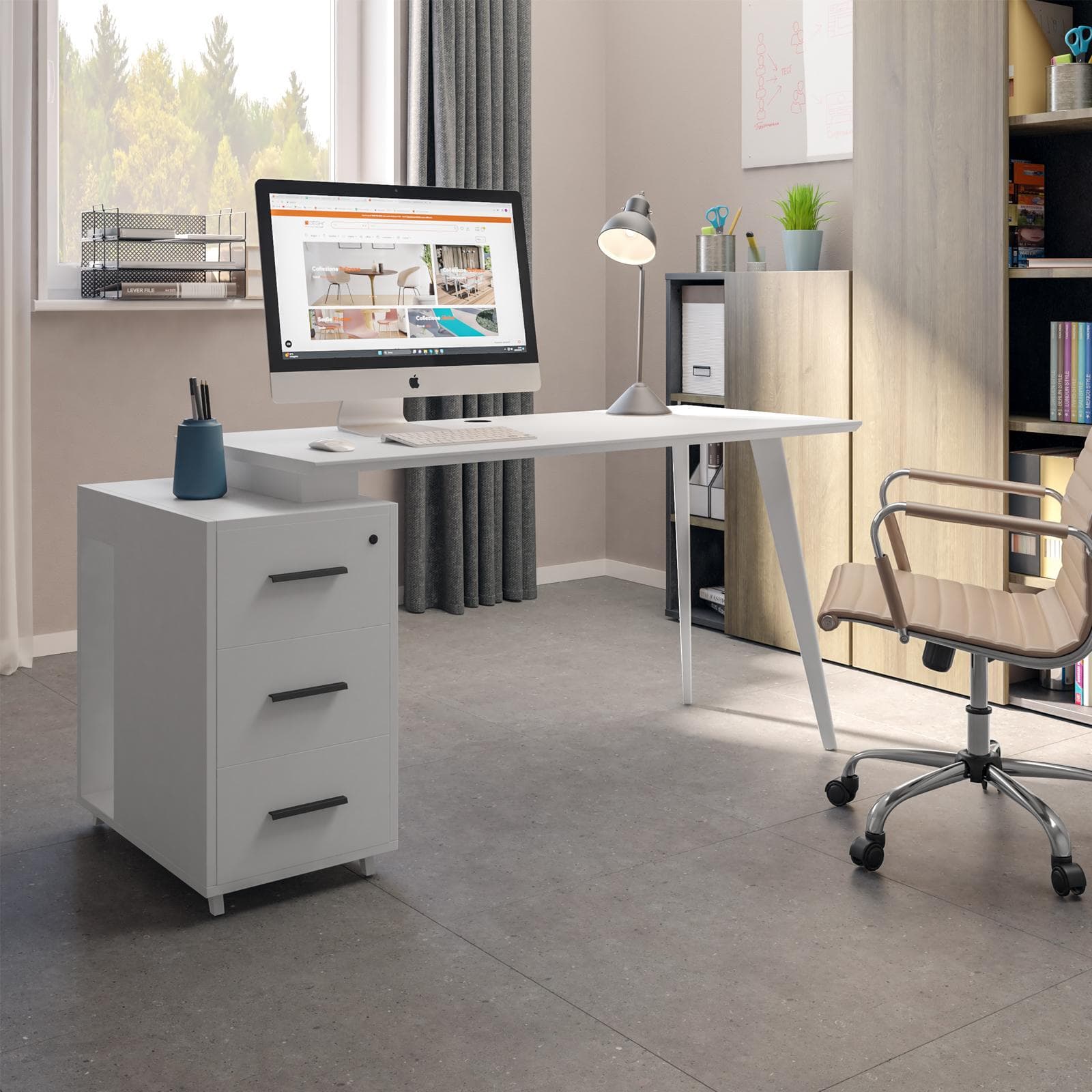 Scrivania 120-140x60 cm con top in legno e struttura in metallo bianco con cassettiera reversibile - After