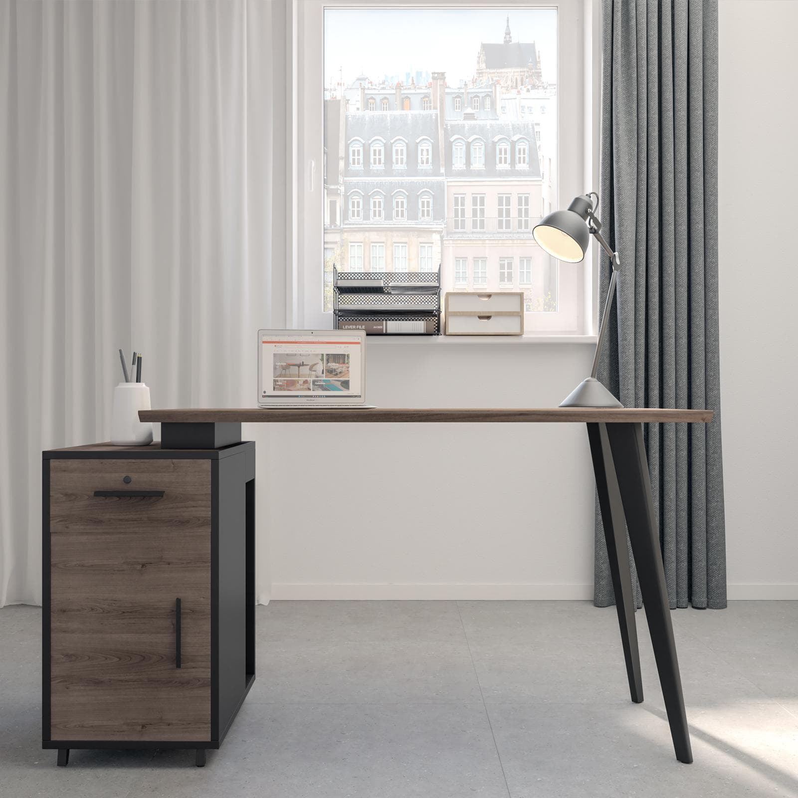 Scrivania 120-140x60 in legno rovere e antracite con gambe in metallo nero e cassettiera reversibile - After