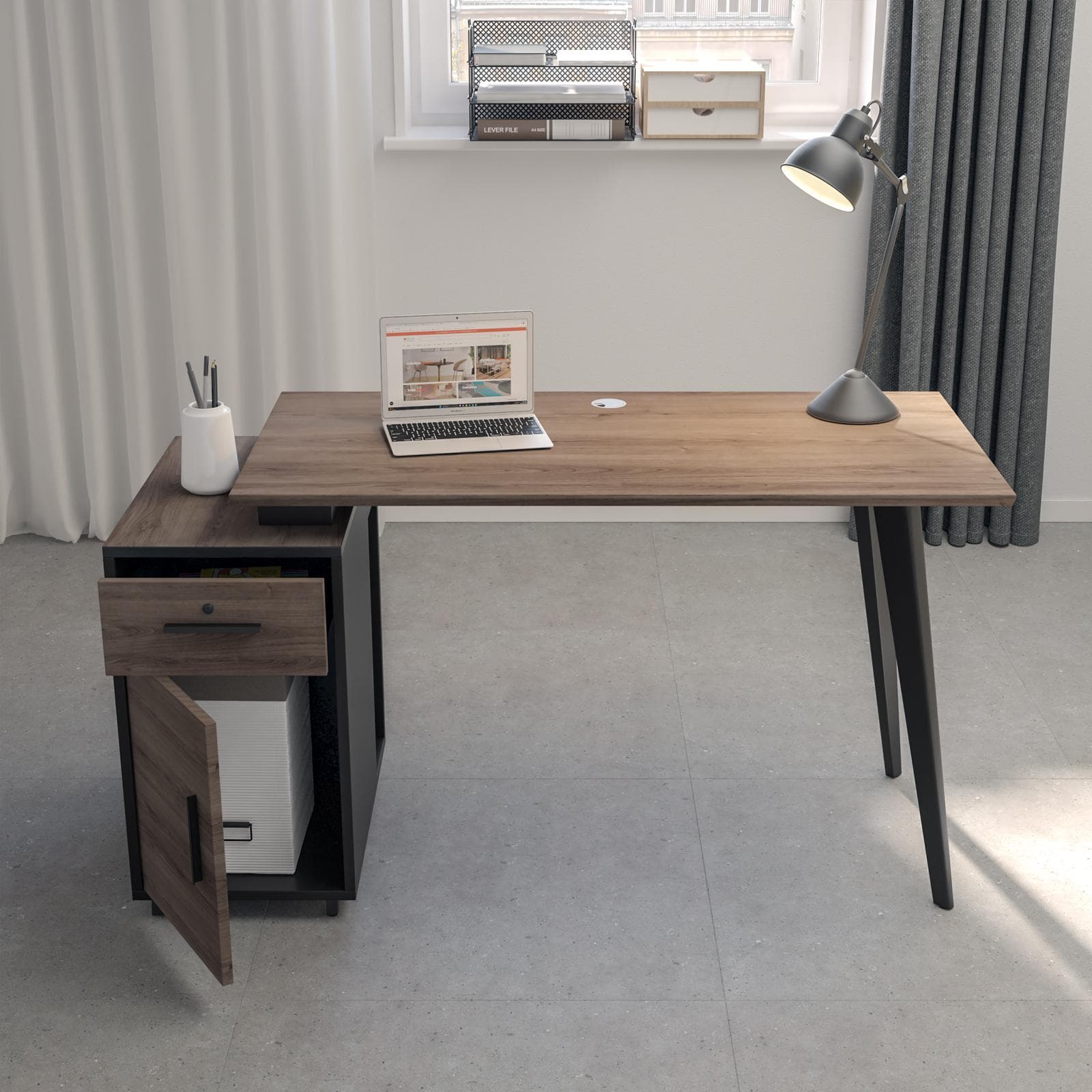 Scrivania 120-140x60 in legno rovere e antracite con gambe in metallo nero e cassettiera reversibile - After