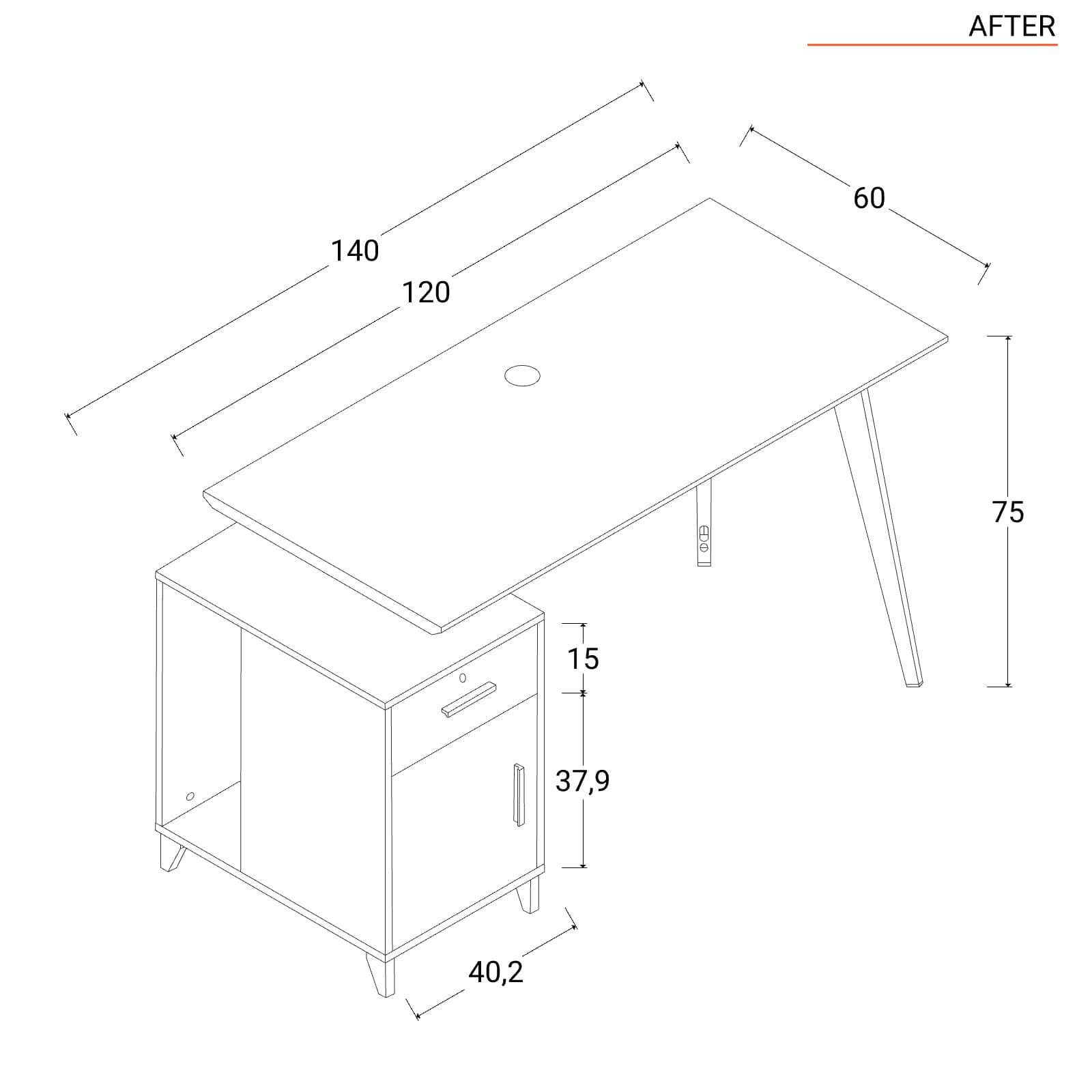 Scrivania 120-140x60 in legno rovere e antracite con gambe in metallo nero e cassettiera reversibile - After