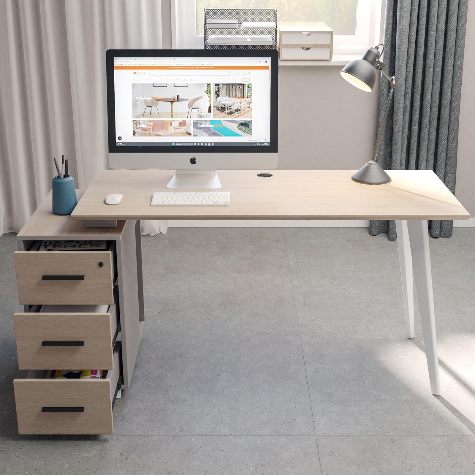 Scrivania 120-140x60 in legno rovere e tortora con gambe in metallo bianco e cassettiera reversibile - After