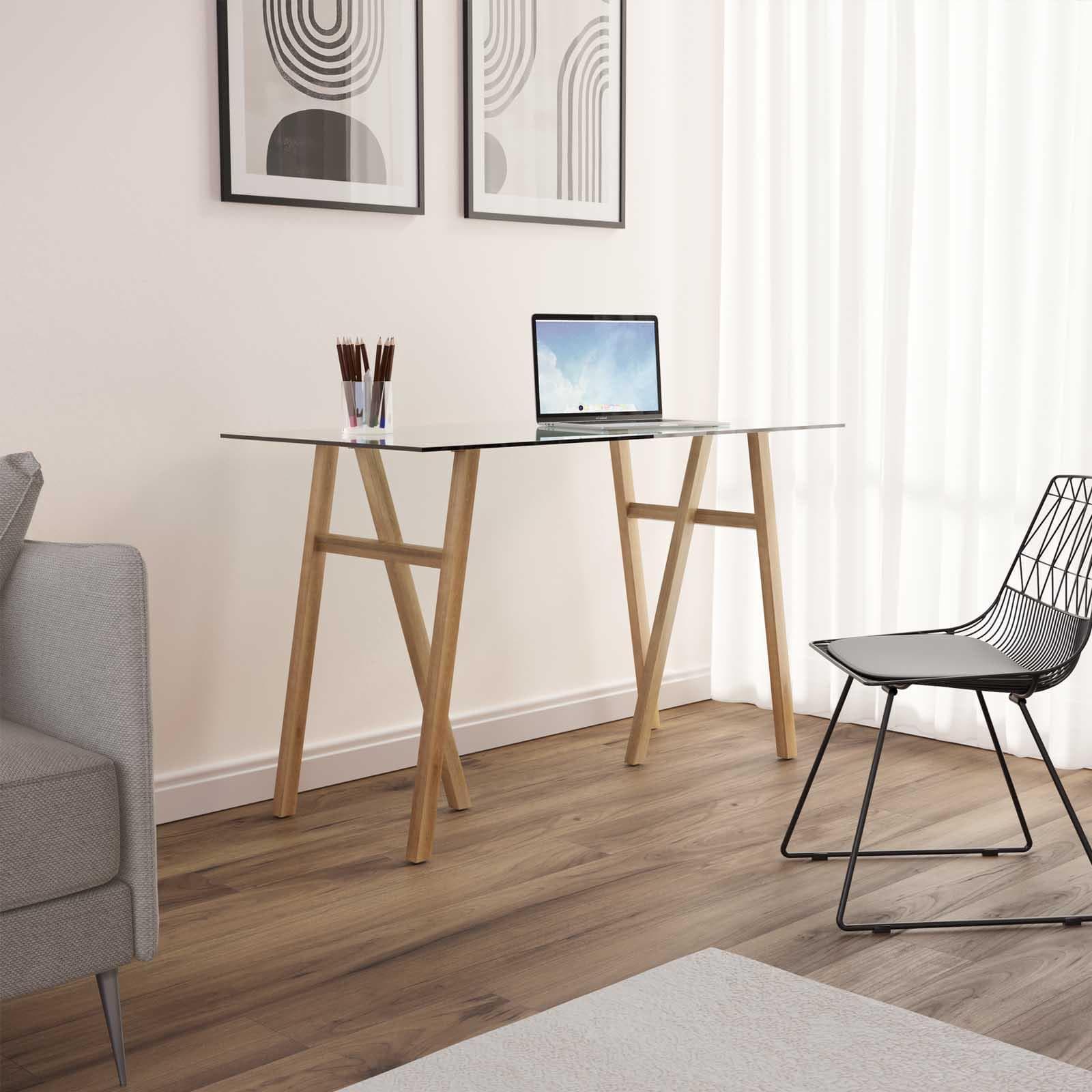Scrivania 120x60 cm con piano in vetro temperato e gambe in metallo effetto rovere chiaro - Essential
