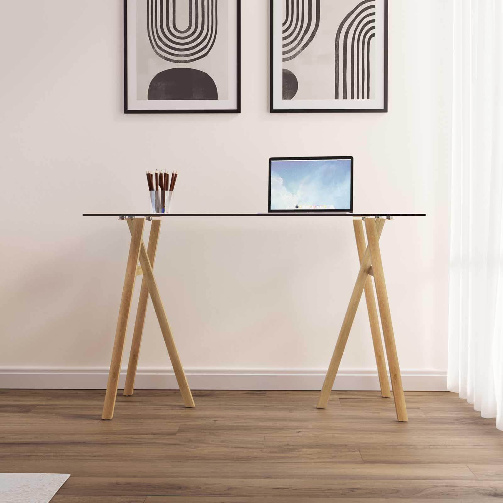 Scrivania 120x60 cm con piano in vetro temperato e gambe in metallo effetto rovere chiaro - Essential