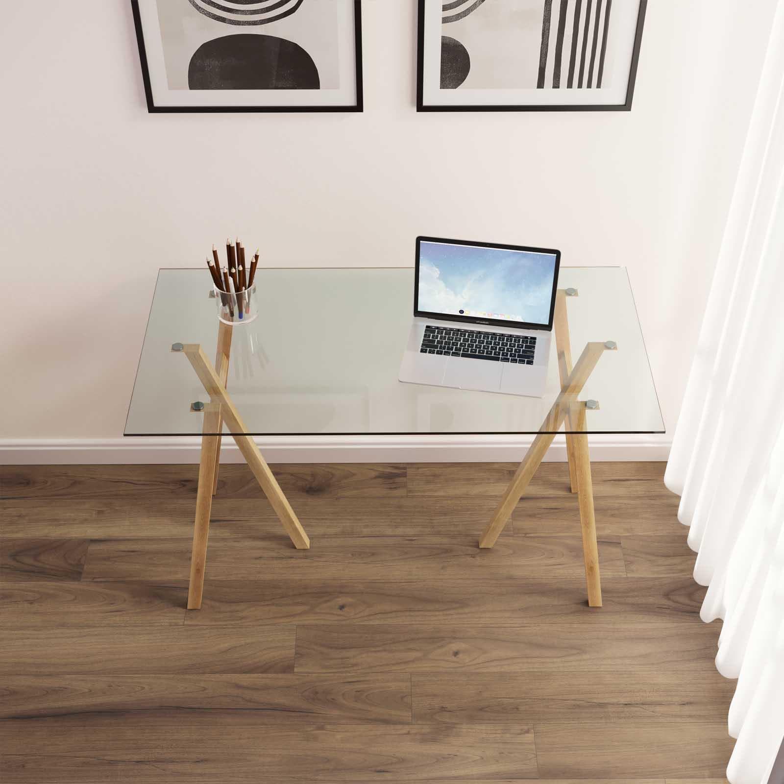 Scrivania 120x60 cm con piano in vetro temperato e gambe in metallo effetto rovere chiaro - Essential