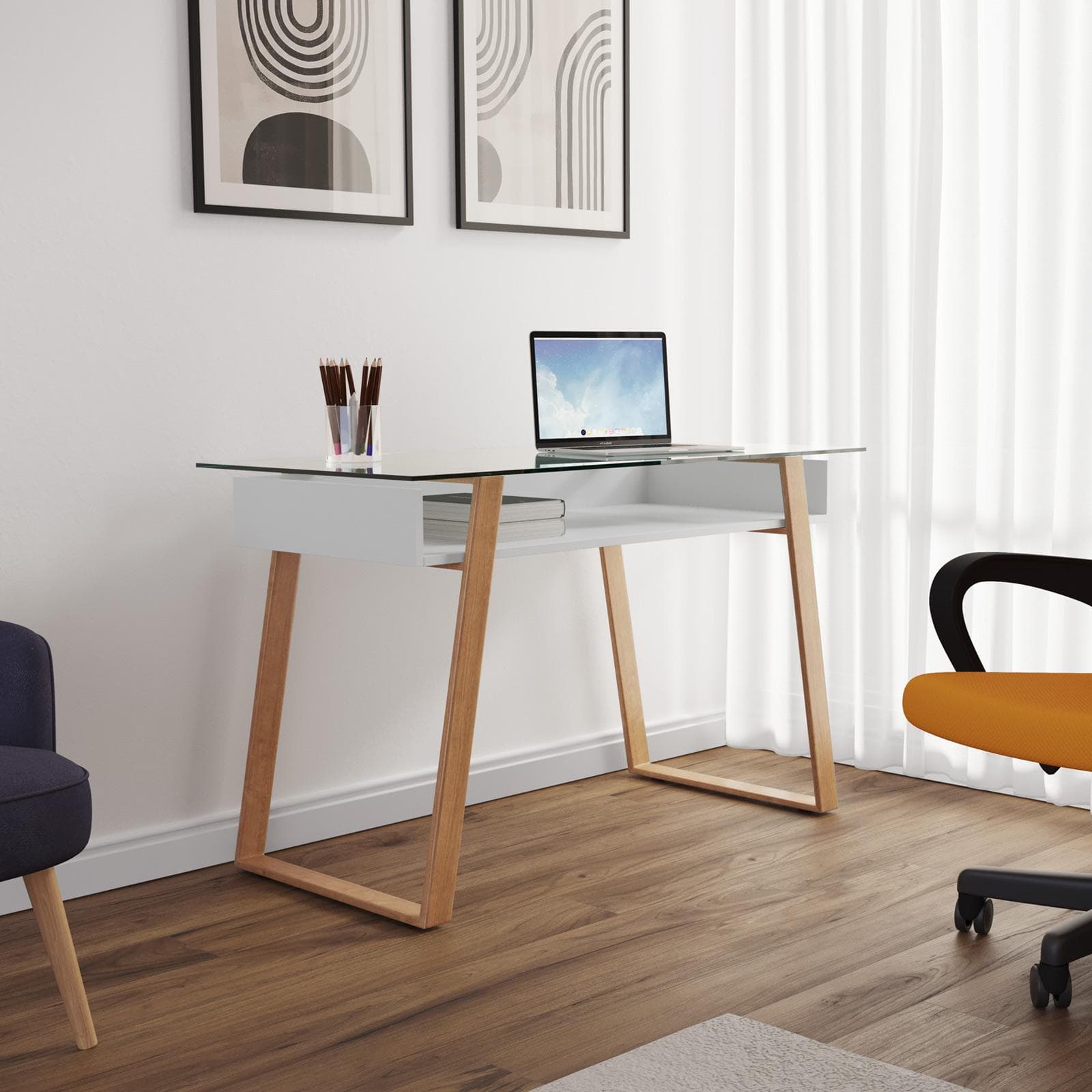 Scrivania 120x60 cm top in vetro temperato con ripiano in legno bianco e gambe in acciaio effetto legno - Ritmica