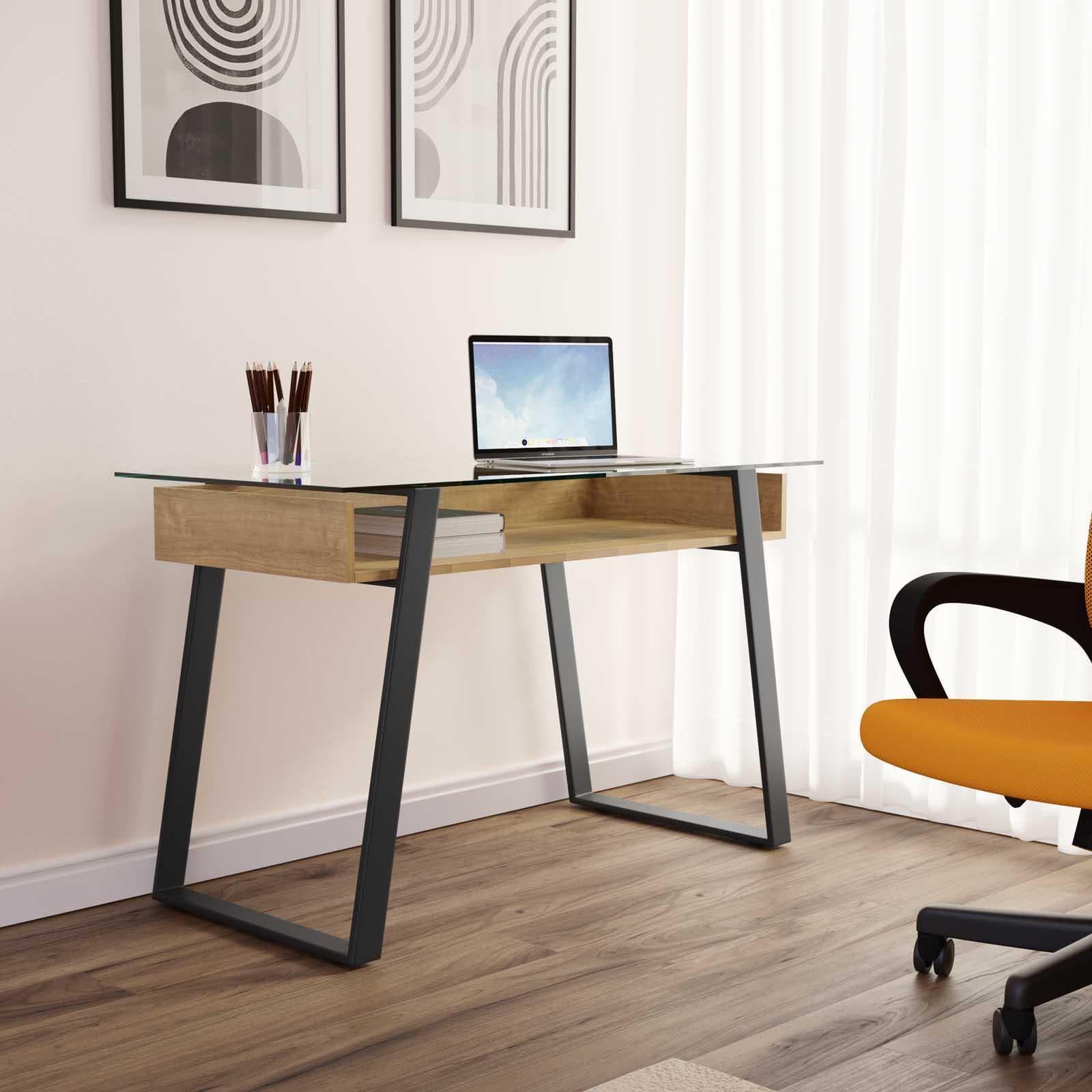 Scrivania 120x60 cm piano in vetro temperato con ripiano contenitore in legno rovere e gambe in acciaio nero - Ritmica