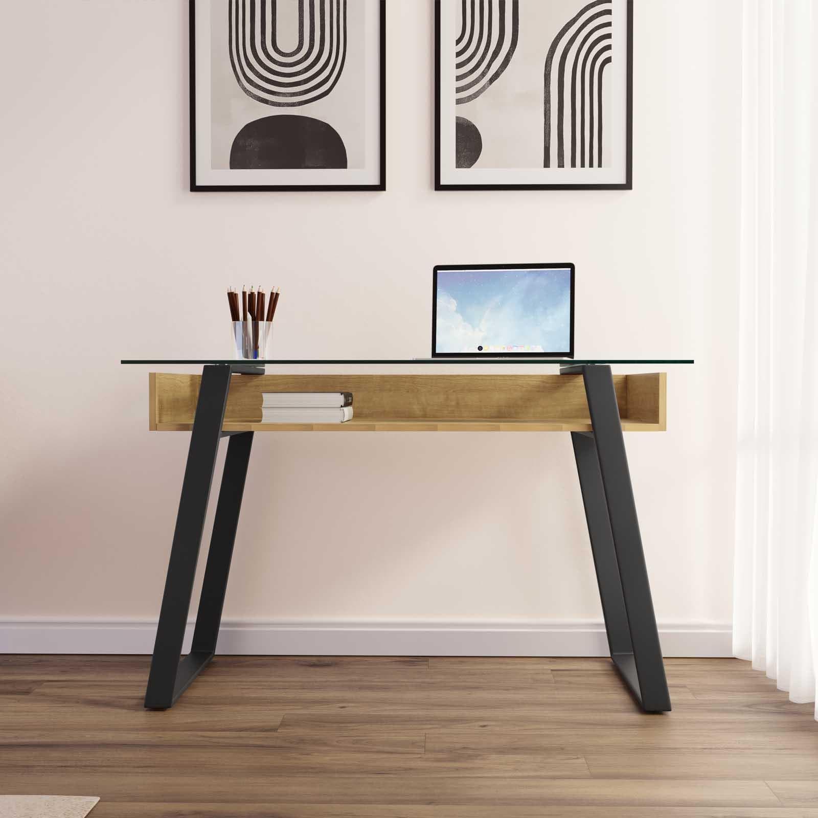 Scrivania 120x60 cm piano in vetro temperato con ripiano contenitore in legno rovere e gambe in acciaio nero - Ritmica