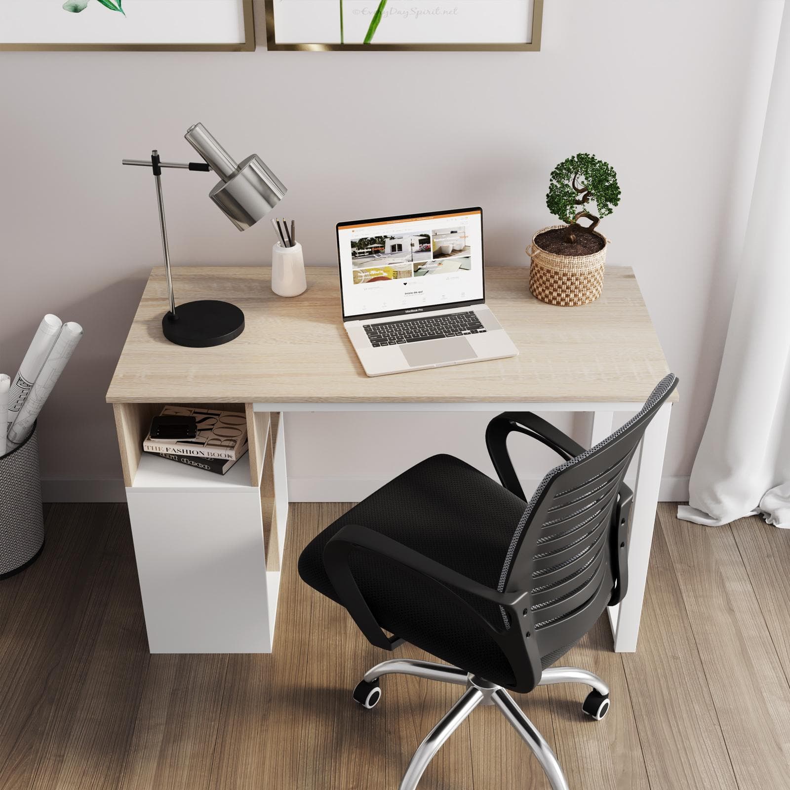 Scrivania 120x60 cm effetto legno e acciaio bianco con vani a giorno - Cubica