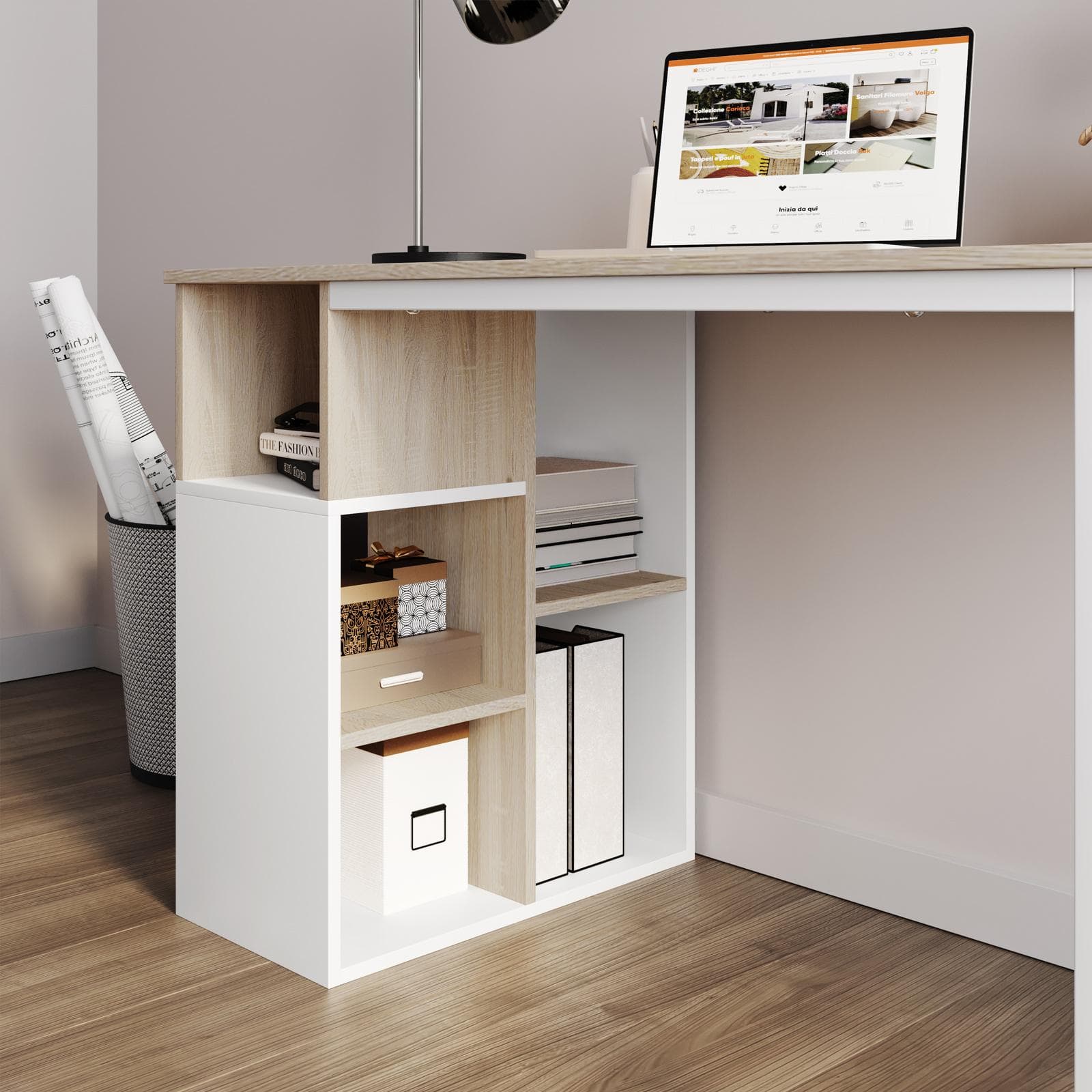 Scrivania 120x60 cm effetto legno e acciaio bianco con vani a giorno - Cubica