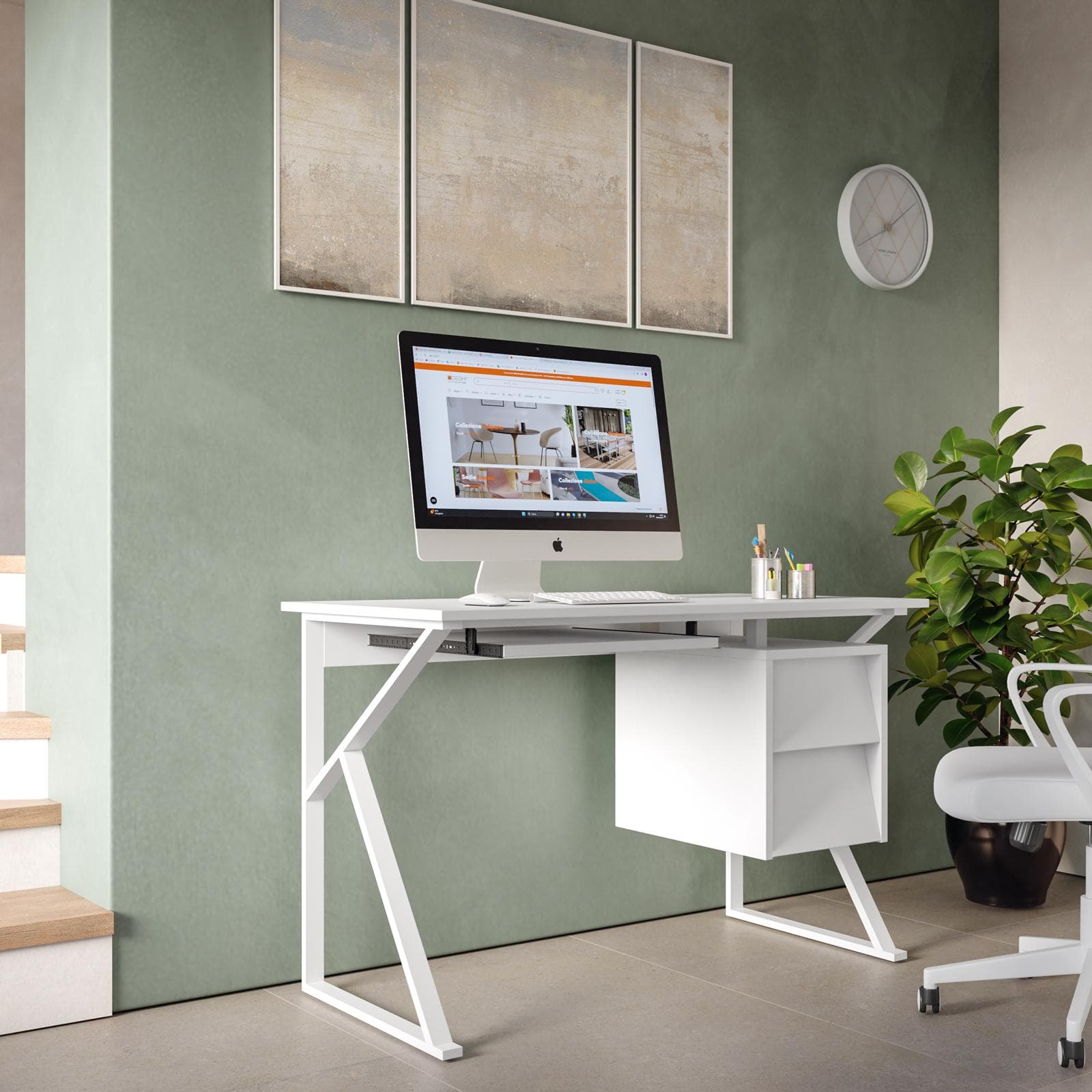 Scrivania 120x60 cm bianco con cassetti e ripiano tastiera scorrevole - Apta