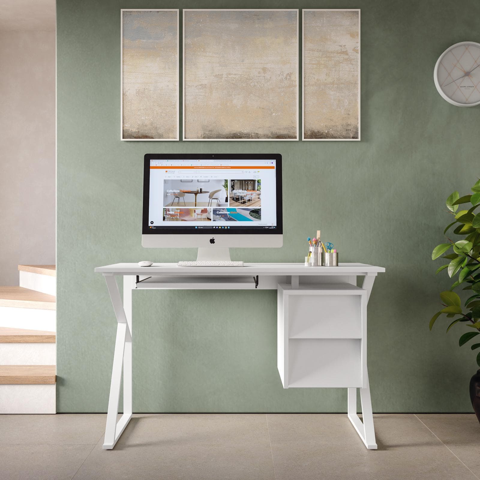 Scrivania 120x60 cm bianco con cassetti e ripiano tastiera scorrevole - Apta