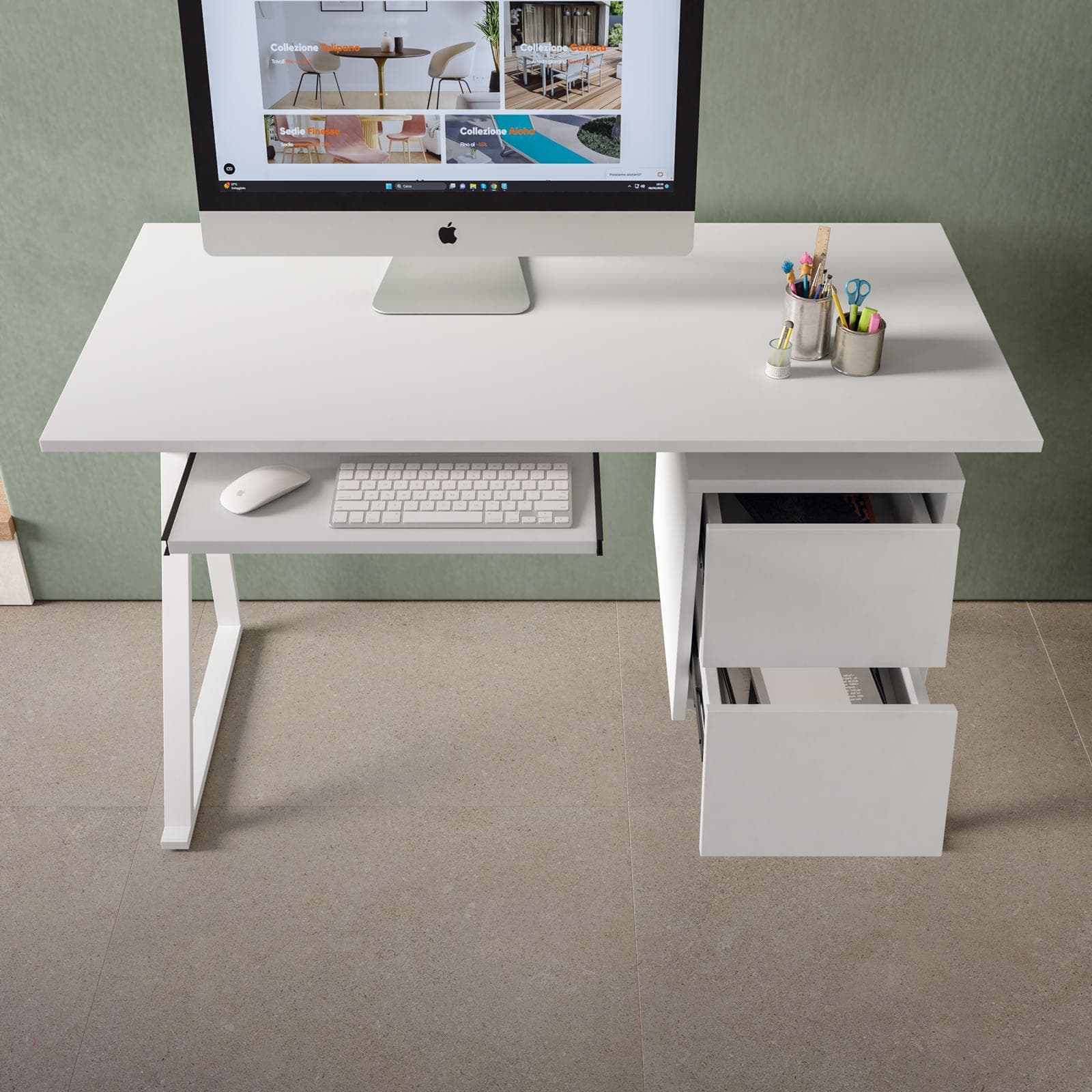 Scrivania 120x60 cm bianco con cassetti e ripiano tastiera scorrevole - Apta