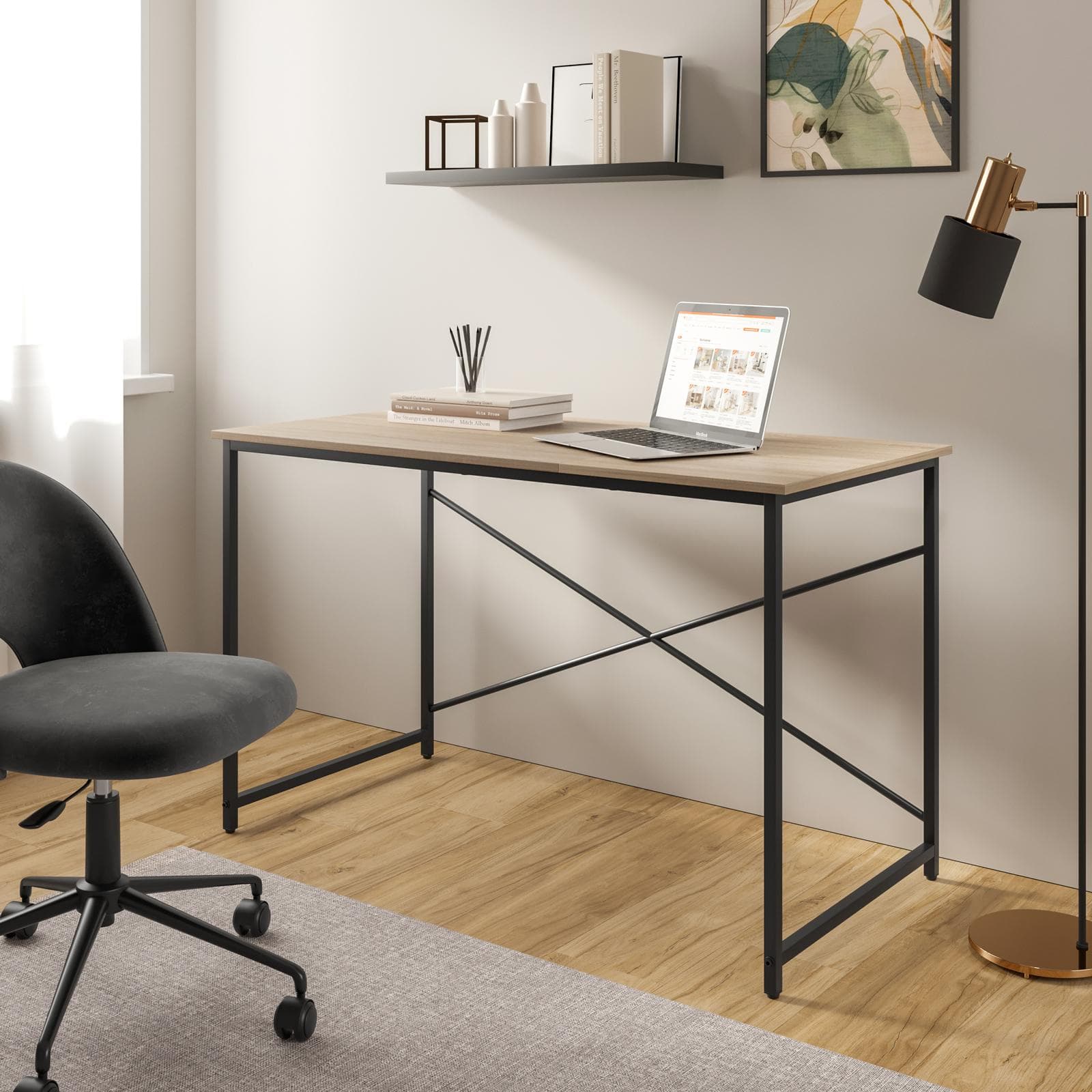 Scrivania 120x60 cm con top effetto rovere chiaro e struttura in metallo nero - Bent