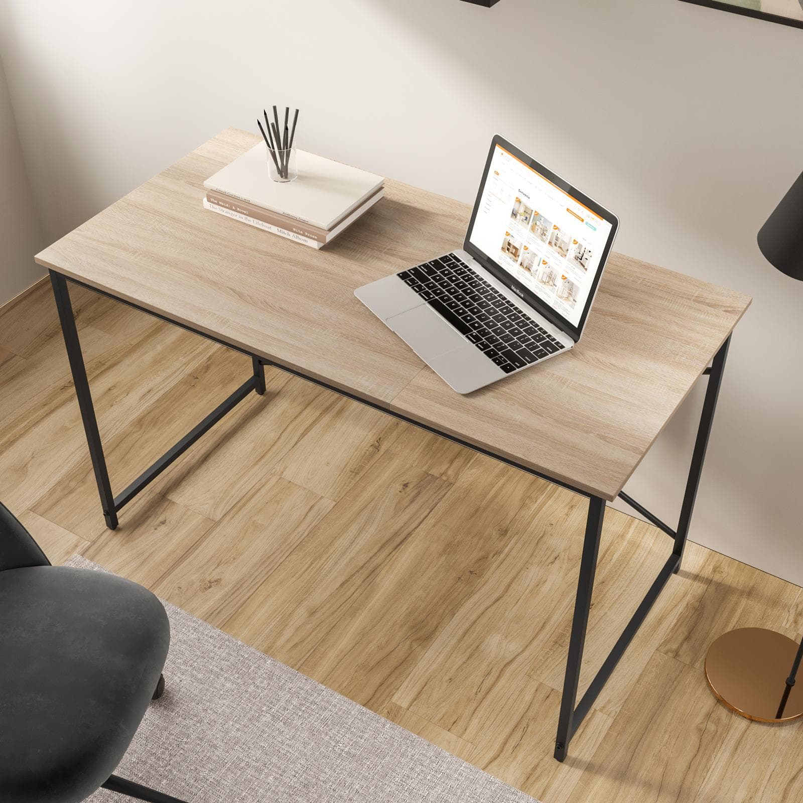 Scrivania 120x60 cm con top effetto rovere chiaro e struttura in metallo nero - Bent