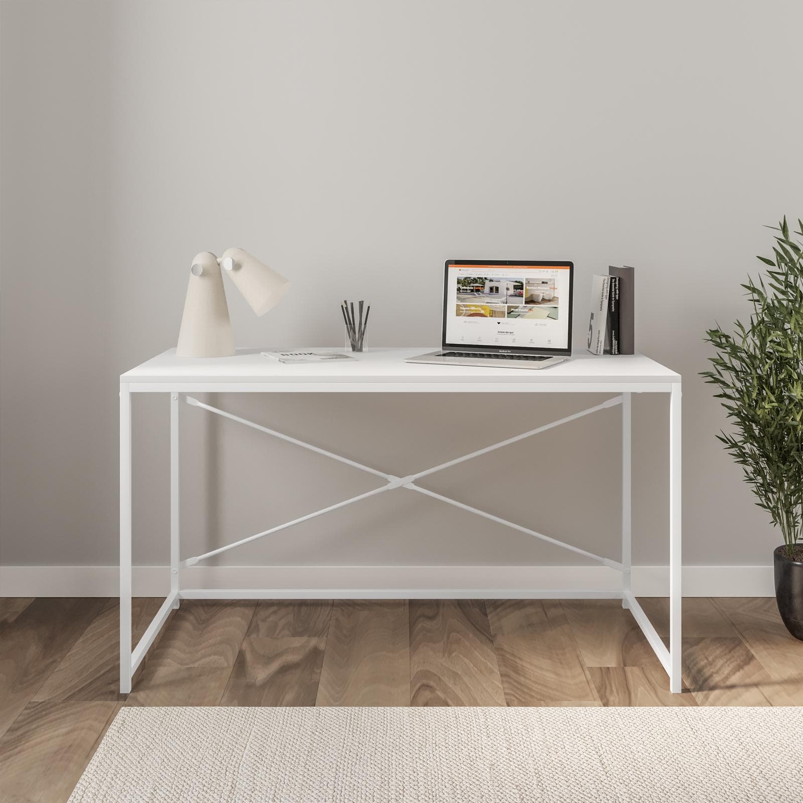 Scrivania 120x60 cm con top in legno e struttura in acciaio bianco - Duke