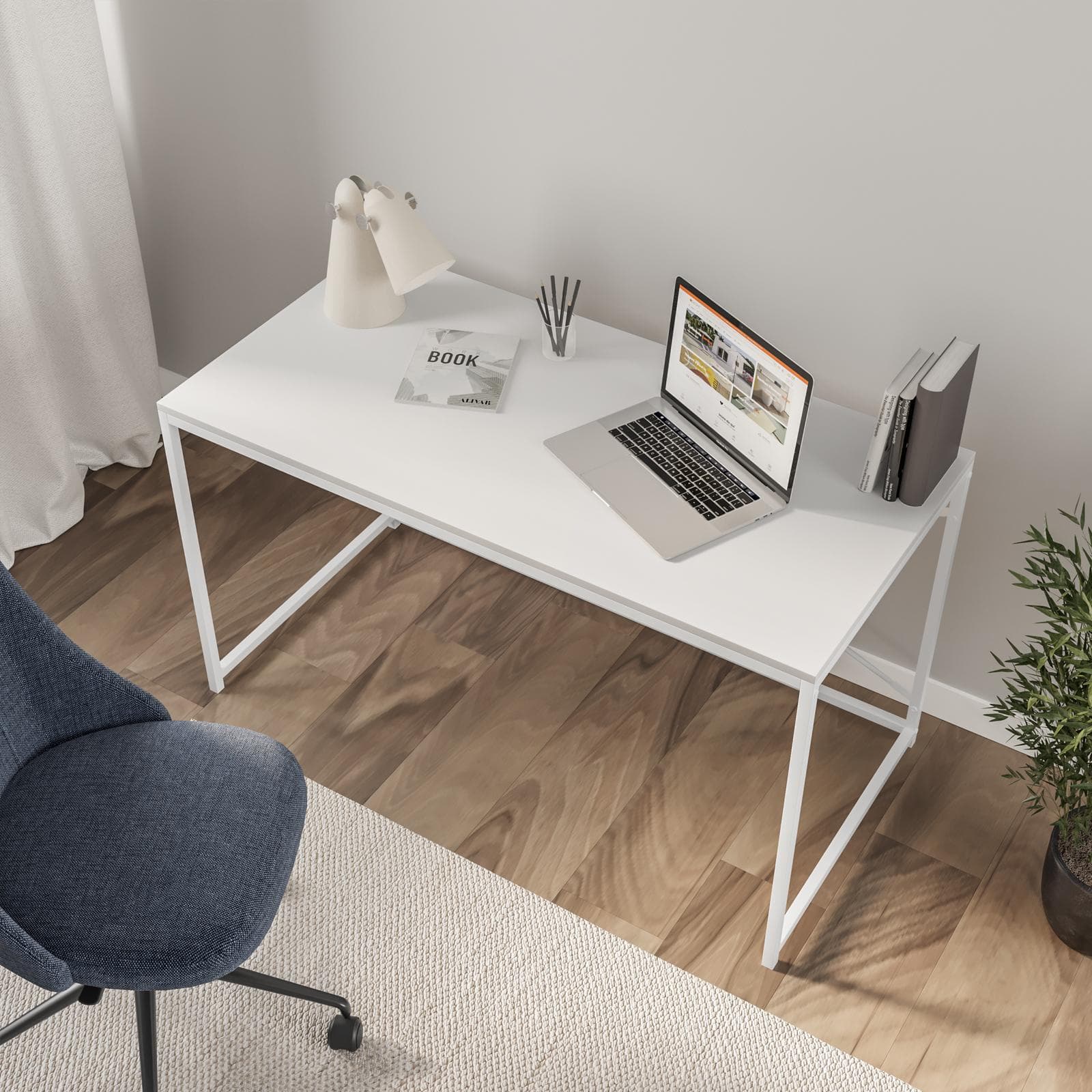 Scrivania 120x60 cm con top in legno e struttura in acciaio bianco - Duke