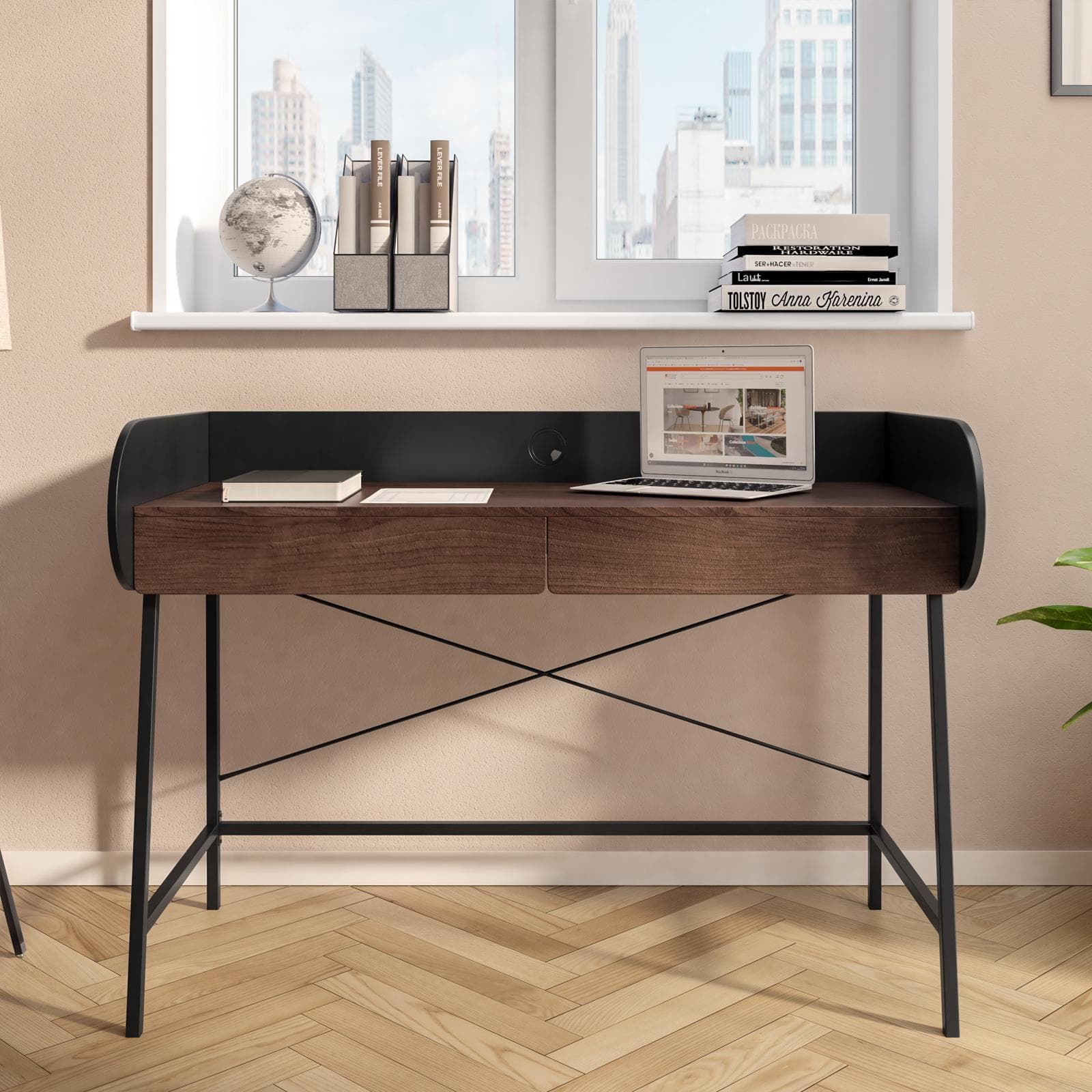 Scrivania 120x60 cm con top in legno noce e struttura in acciaio nero con due cassetti e foro passacavi - Orwell