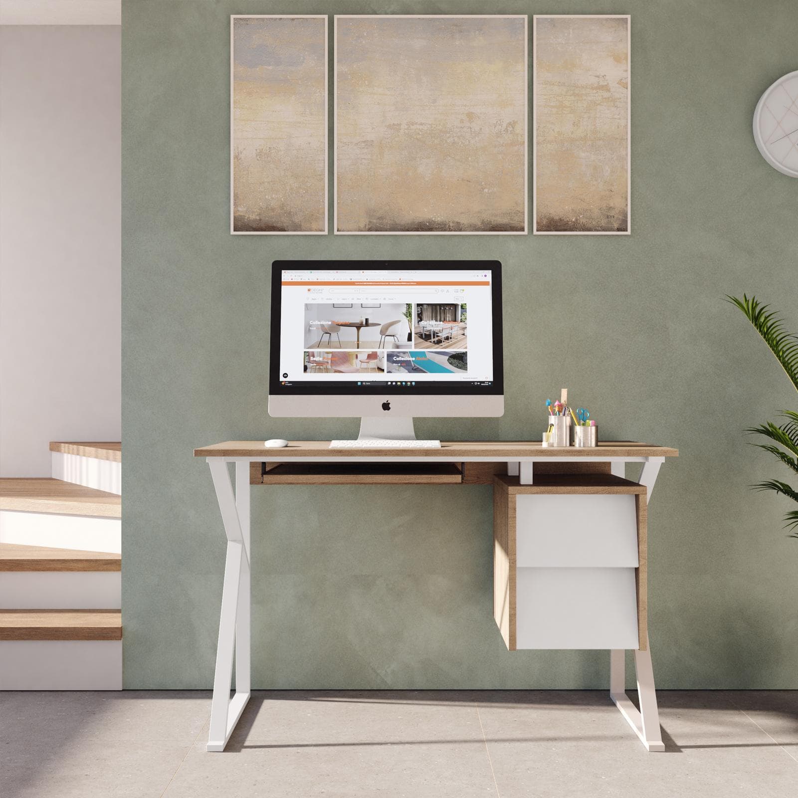Scrivania 120x60 cm top effetto rovere sussex con cassetti e ripiano tastiera scorrevole - Apta
