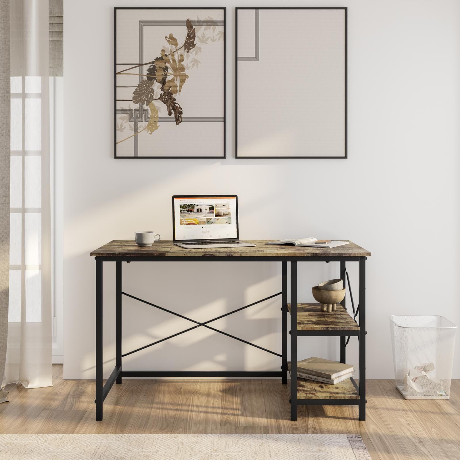 Scrivania 120x60 cm effetto abete smoke e struttura in metallo nero con ripiani - Caio