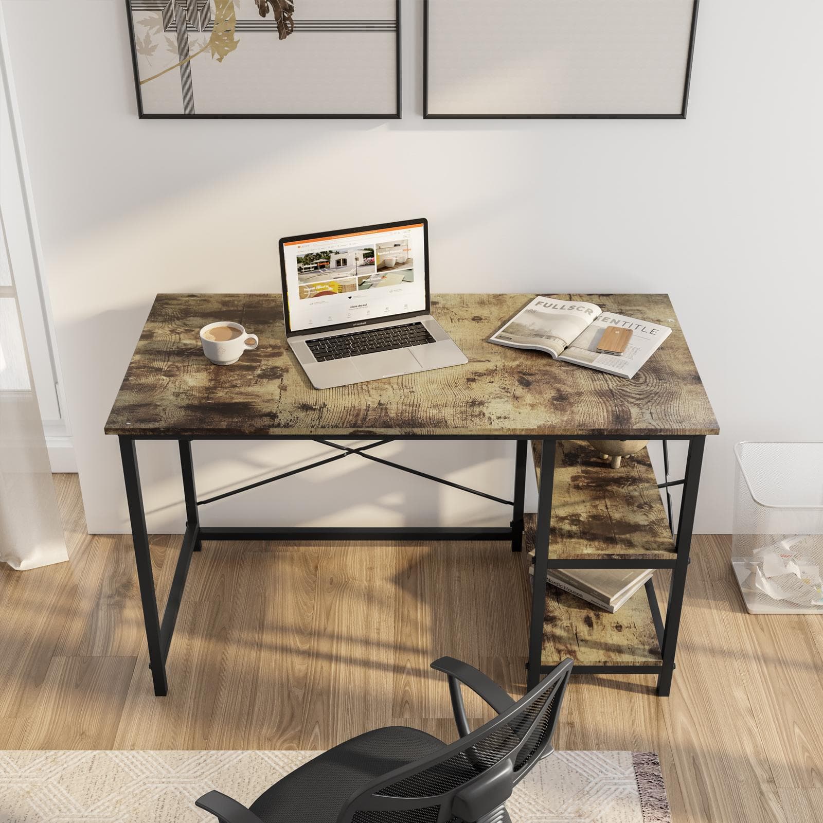 Scrivania 120x60 cm effetto abete smoke e struttura in metallo nero con ripiani - Caio