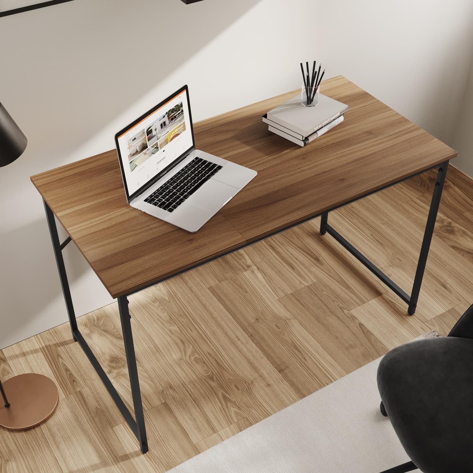 Scrivania 120x60 cm con top in legno noce e struttura in metallo nero - Bent