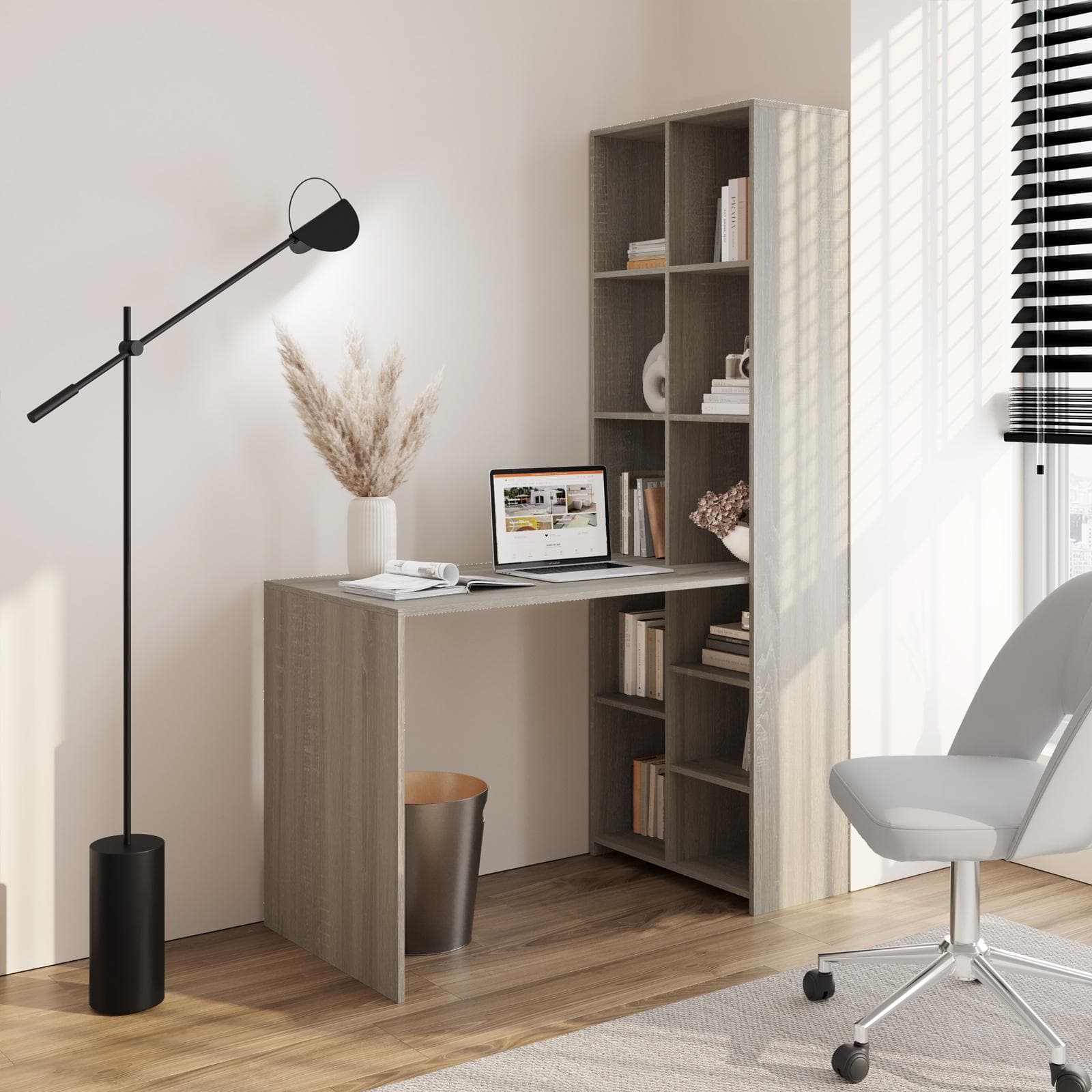 Scrivania 120x60 cm in legno rovere con libreria integrata h182 cm - Sketto