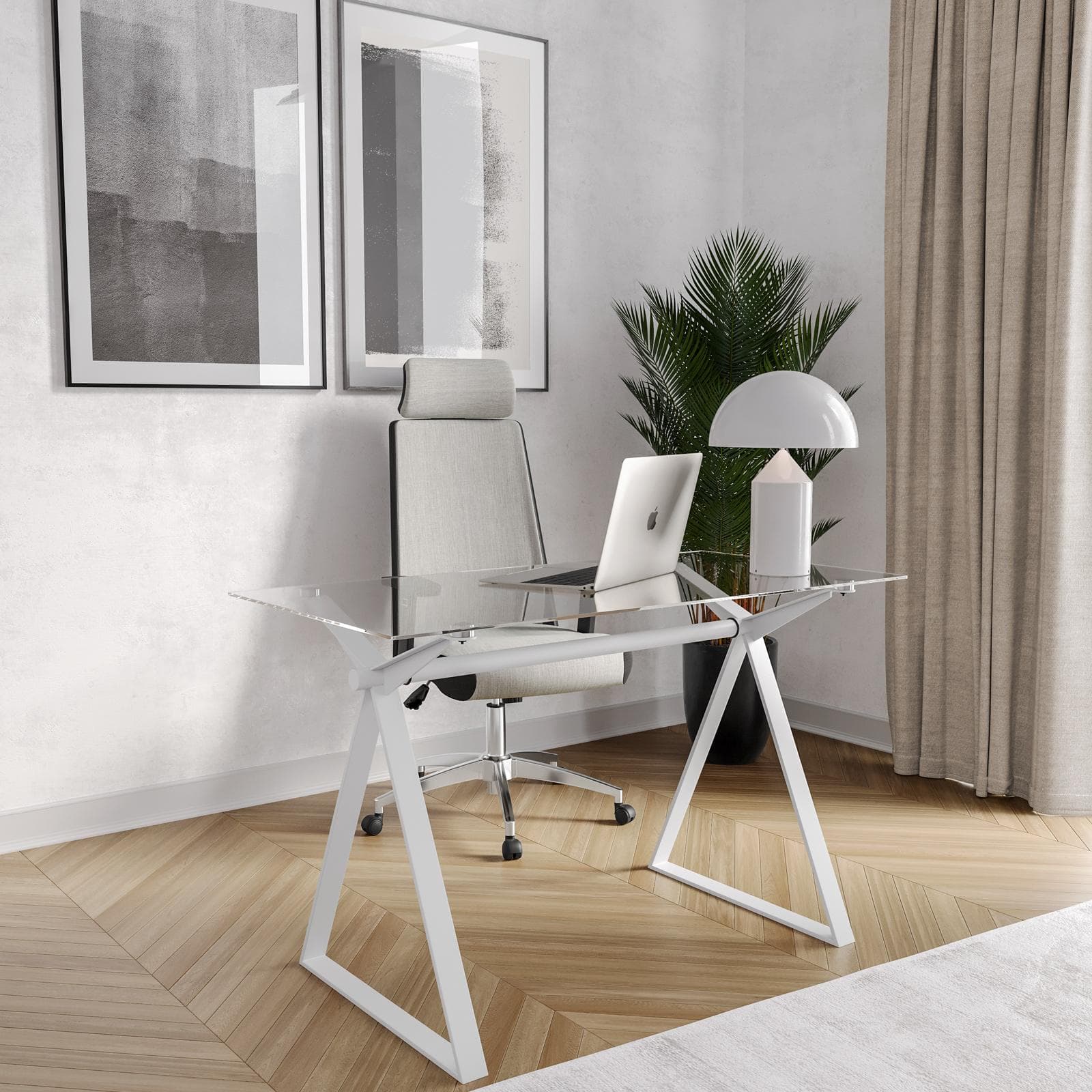 Scrivania 120x60 cm piano vetro temperato e base in acciaio bianco - Masao
