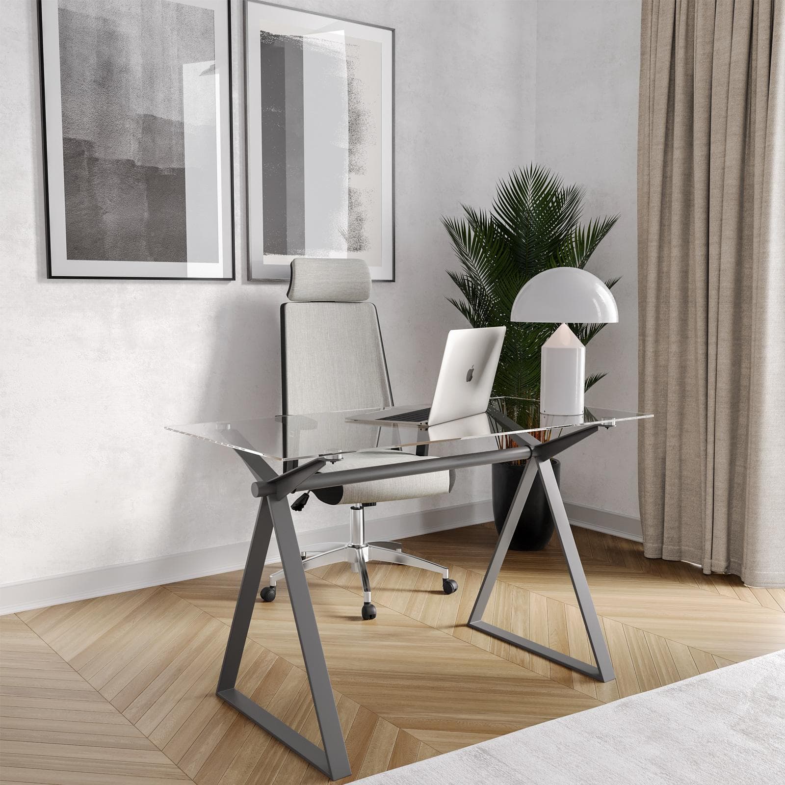 Scrivania 120x60 cm piano vetro temperato e base in acciaio grigio - Masao