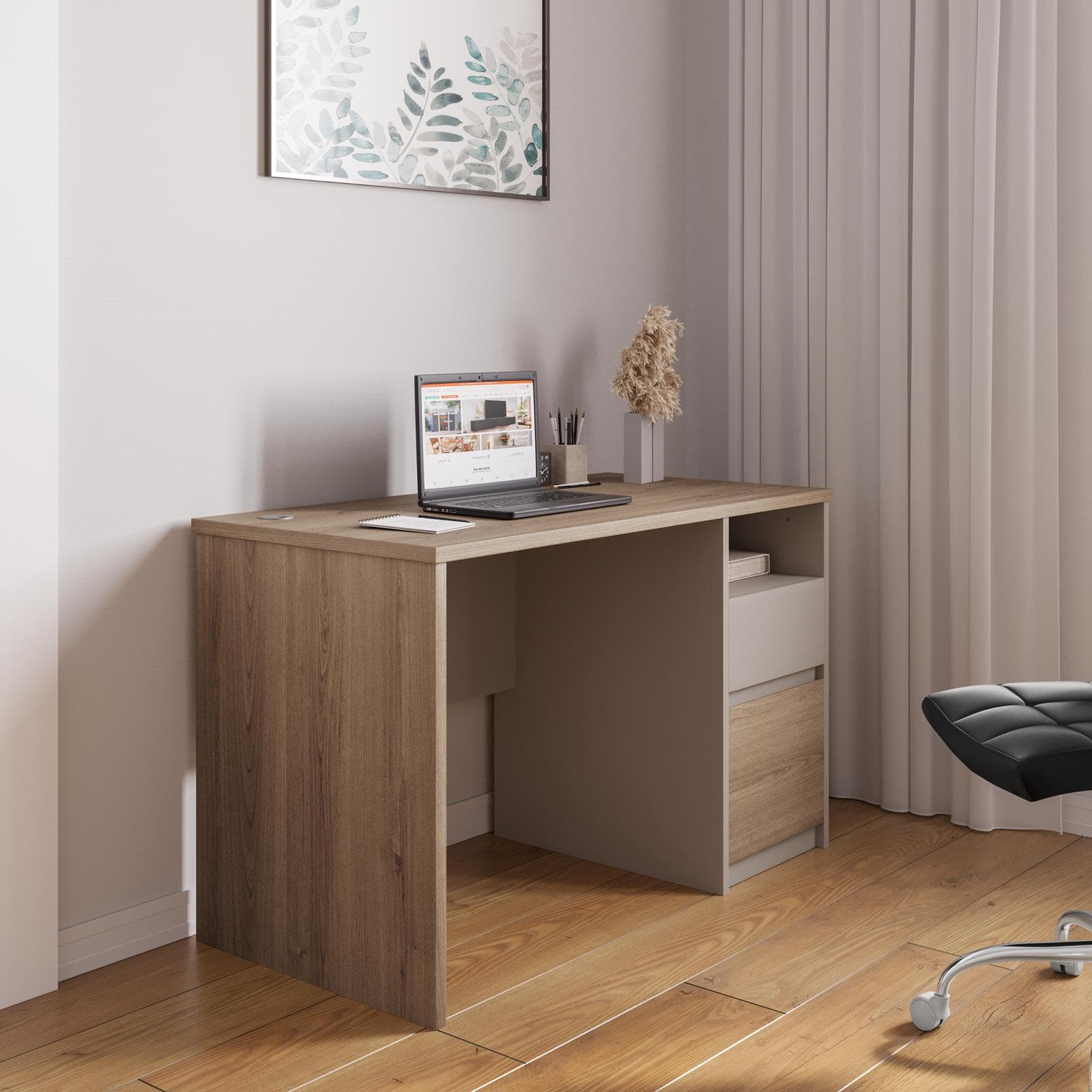 Scrivania 120x60 cm rovere smoked e tortora con 1 cassetto e 1 anta - Rayla