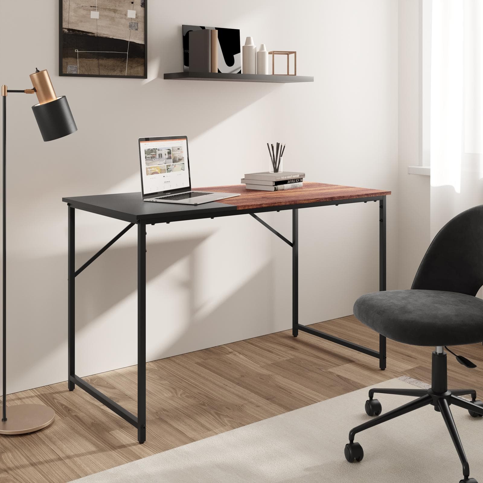 Scrivania 120x60 cm con top in legno nero ed effetto ciliegio e struttura in metallo - Bent