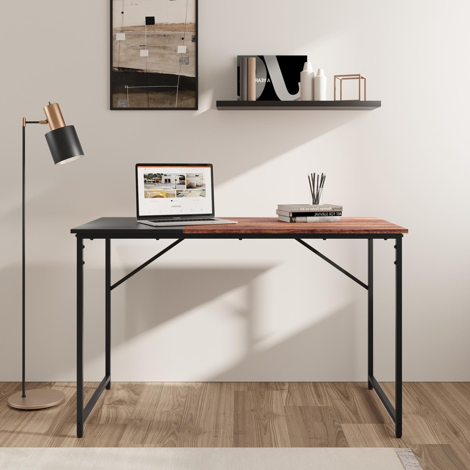 Scrivania 120x60 cm con top in legno nero ed effetto ciliegio e struttura in metallo - Bent