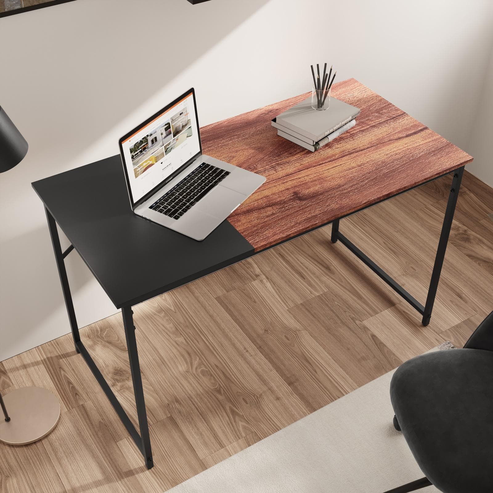 Scrivania 120x60 cm con top in legno nero ed effetto ciliegio e struttura in metallo - Bent