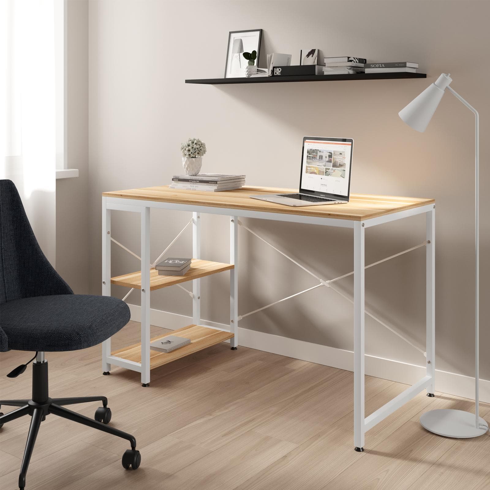 Scrivania 120x60 cm effetto rovere e struttura in metallo bianco con ripiani - Caio