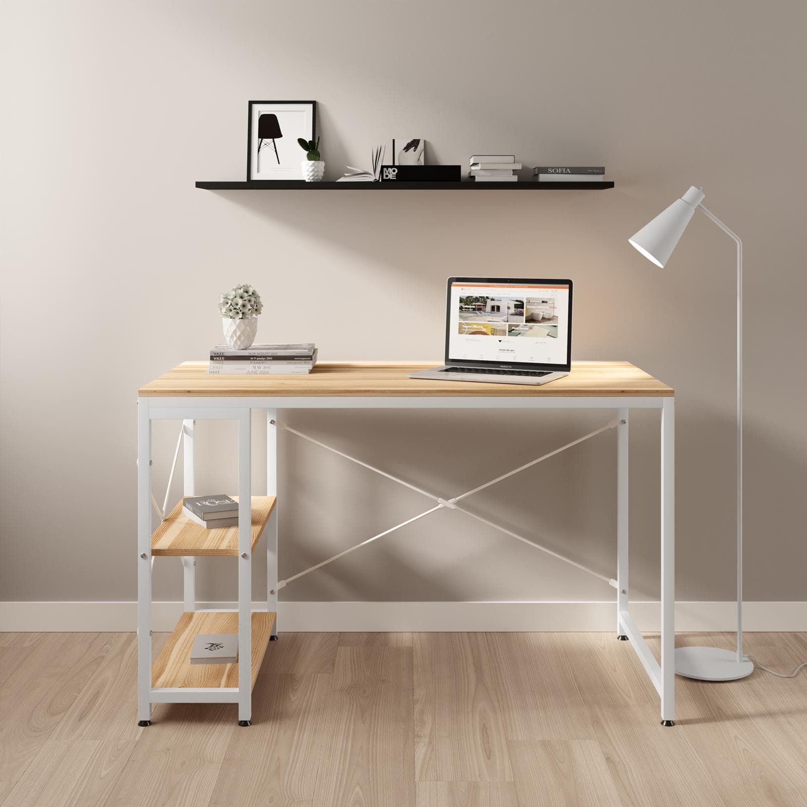 Scrivania 120x60 cm effetto rovere e struttura in metallo bianco con ripiani - Caio