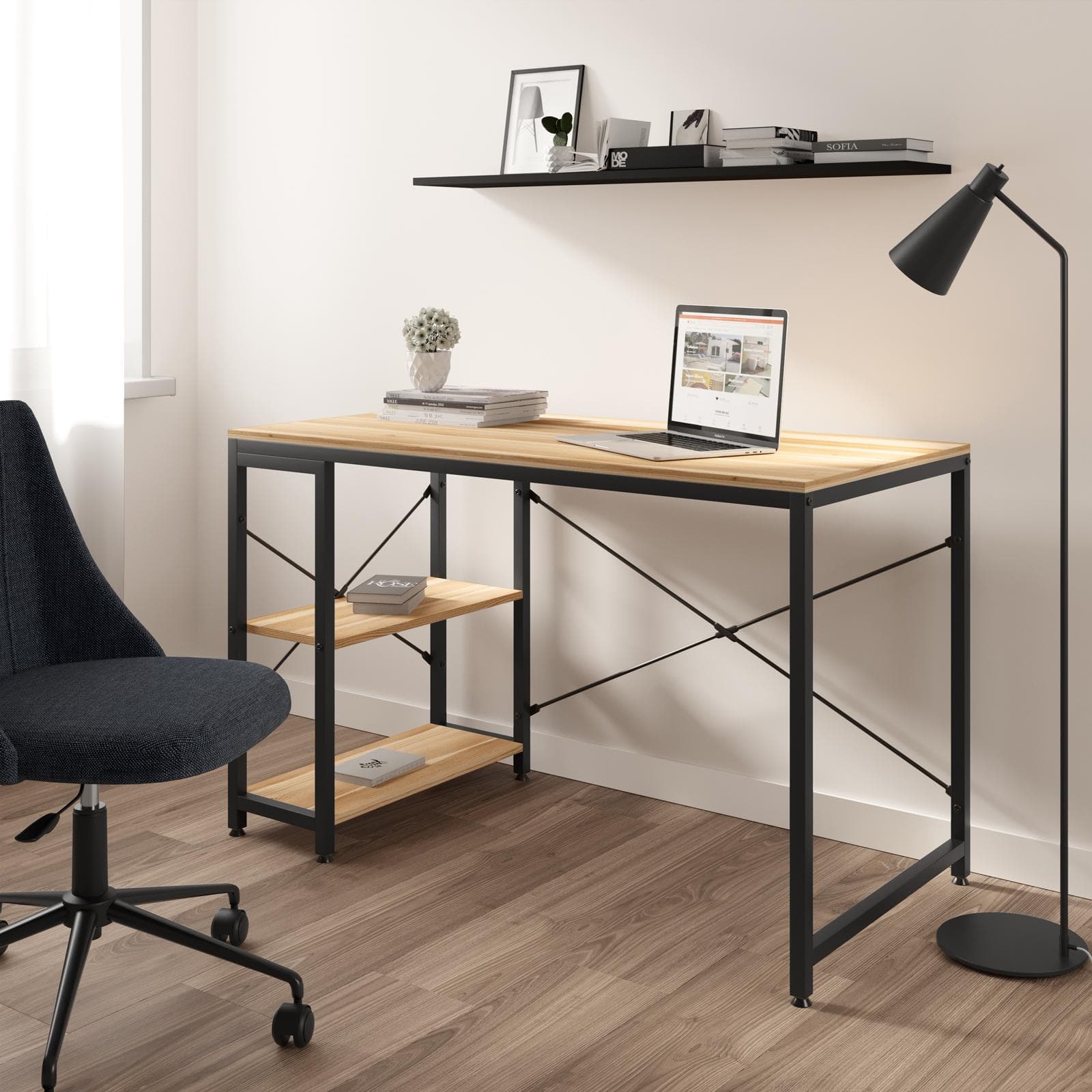 Scrivania 120x60 cm effetto rovere e struttura in metallo nero con ripiani - Caio