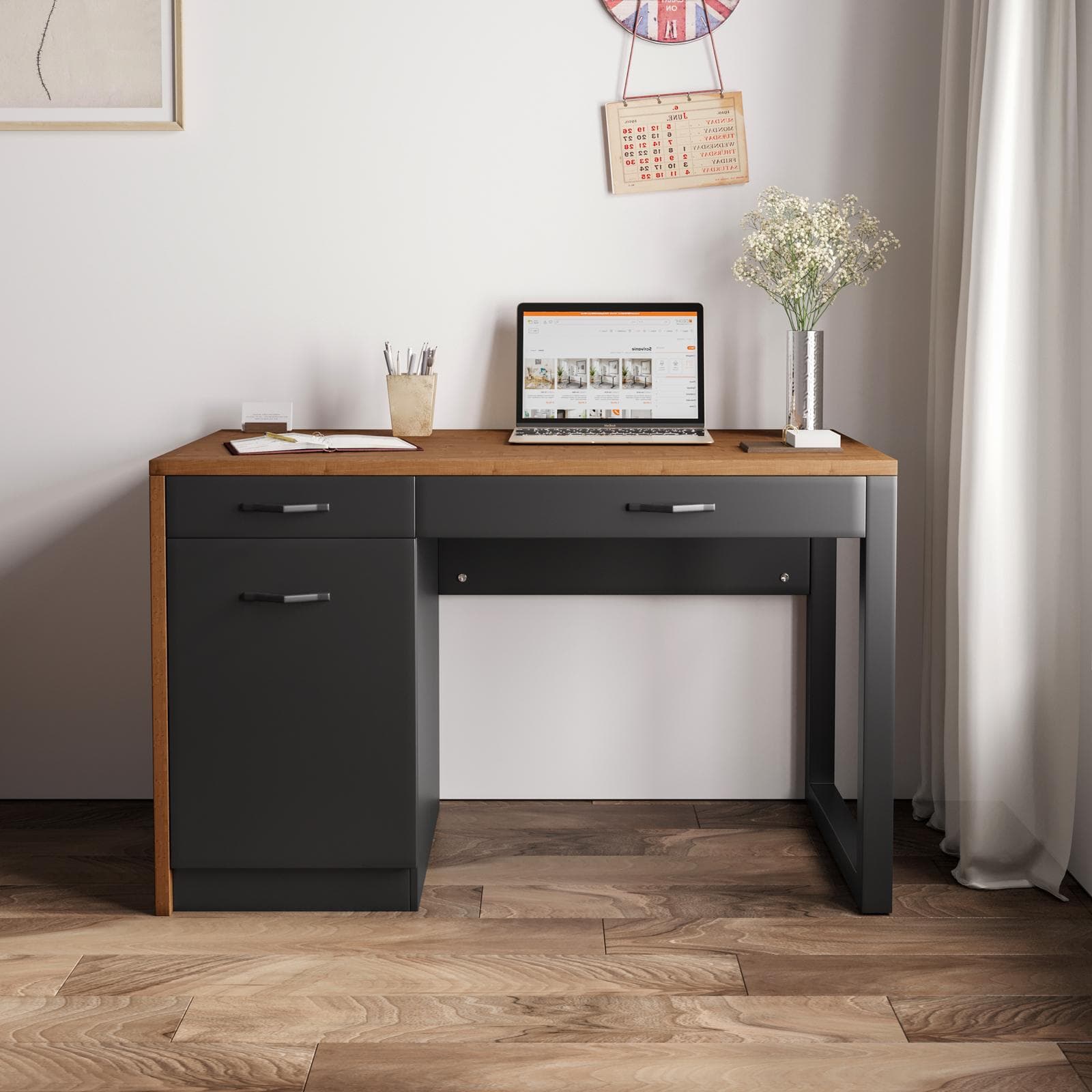 Scrivania 120x75h in legno nero con top rovere e cassettiera integrata - Gaude